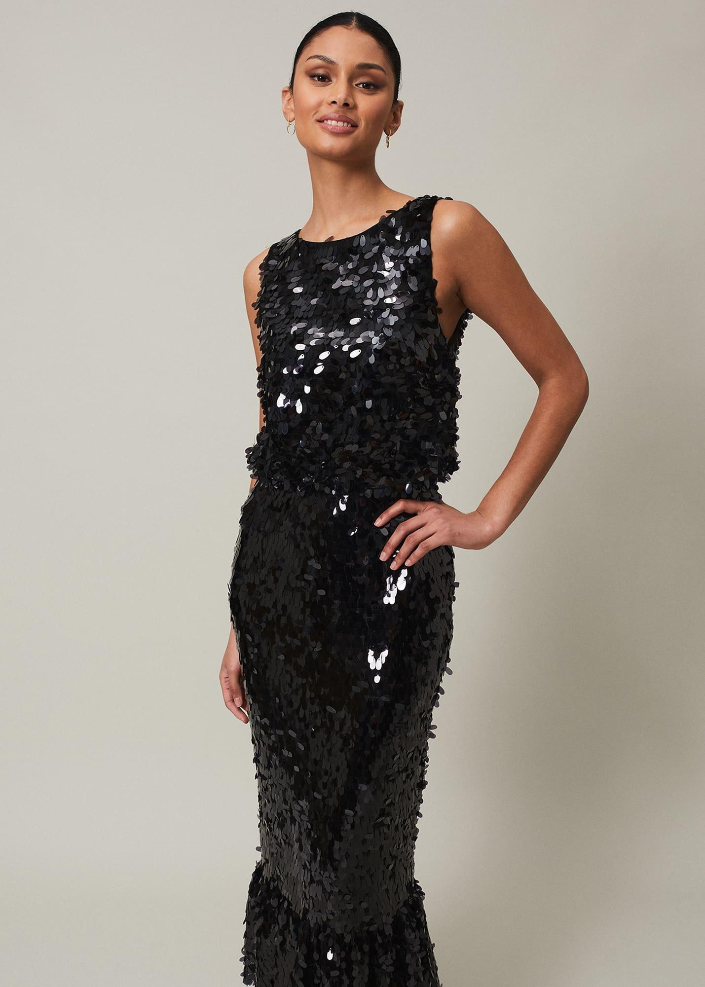 Elena Black Sequin Tiered Maxi Dress