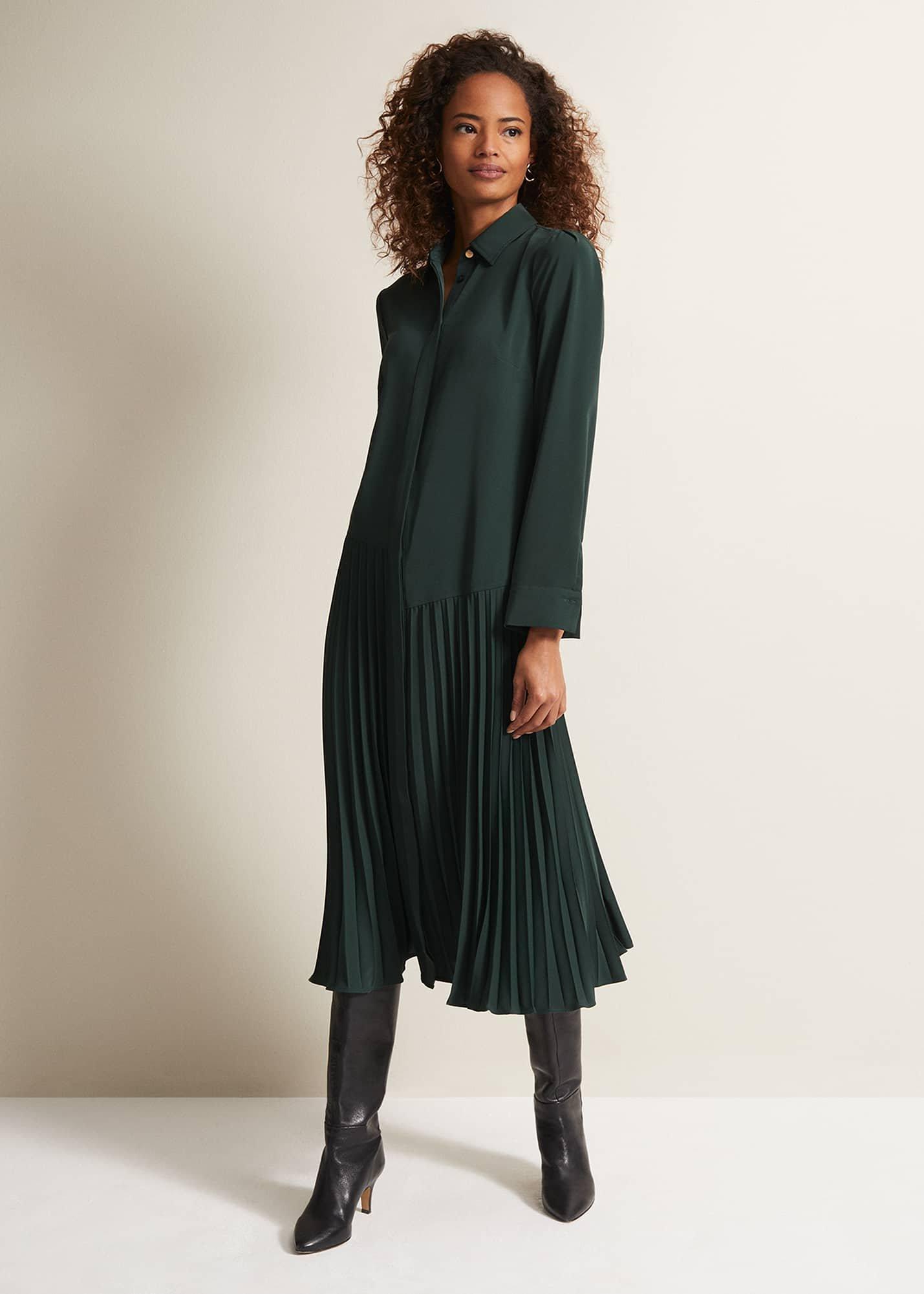 ${product-id}-Helena Pleated Shirt Midi Dress-Dark Green-${view-type}