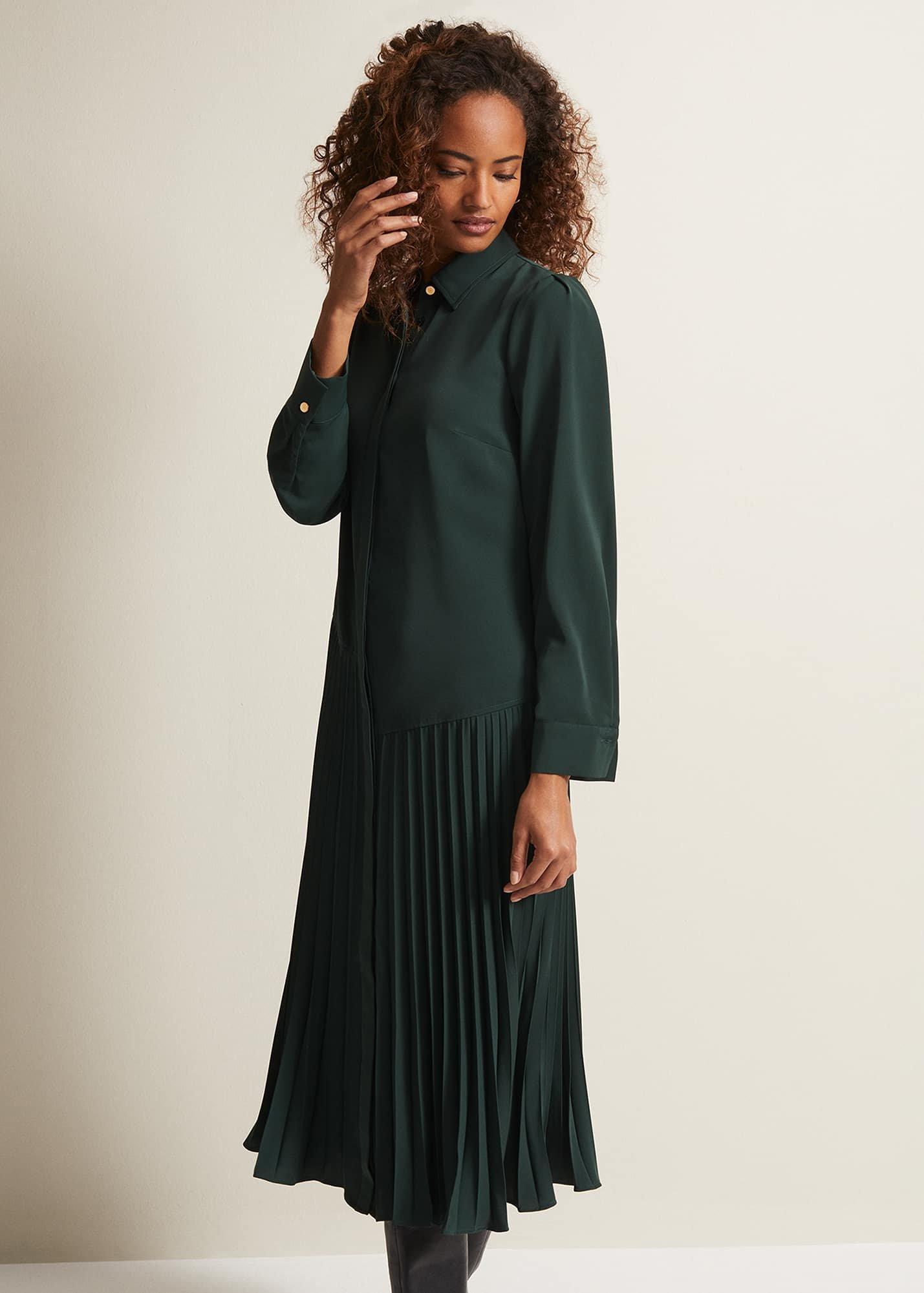 ${product-id}-Helena Pleated Shirt Midi Dress-Dark Green-${view-type}