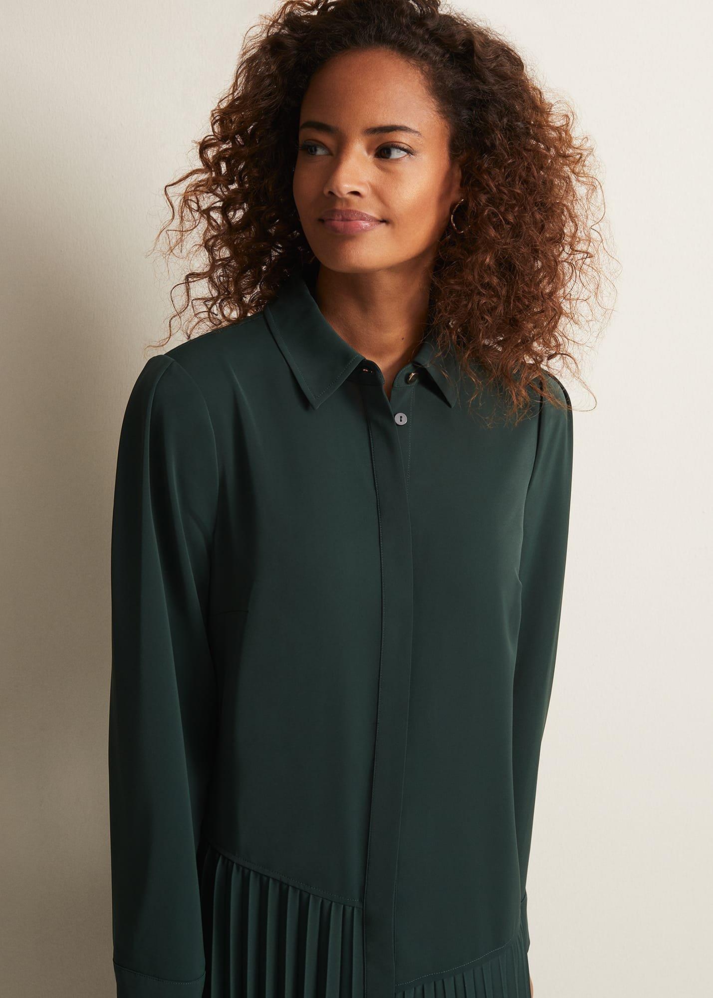 ${product-id}-Helena Pleated Shirt Midi Dress-Dark Green-${view-type}