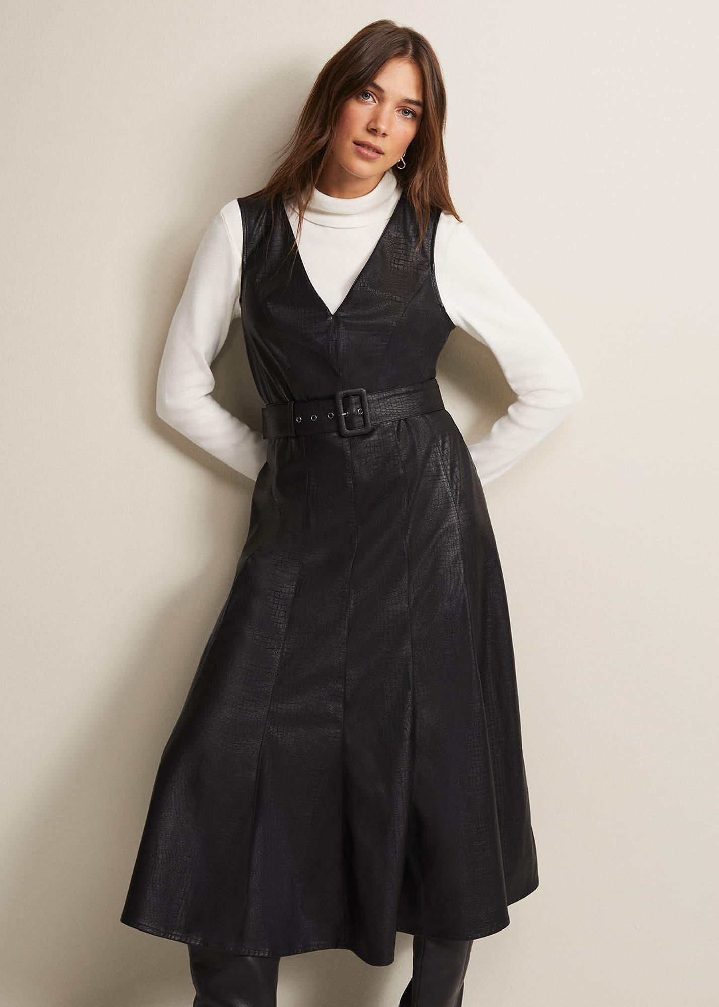 Khloe Black Faux Leather Midi Dress