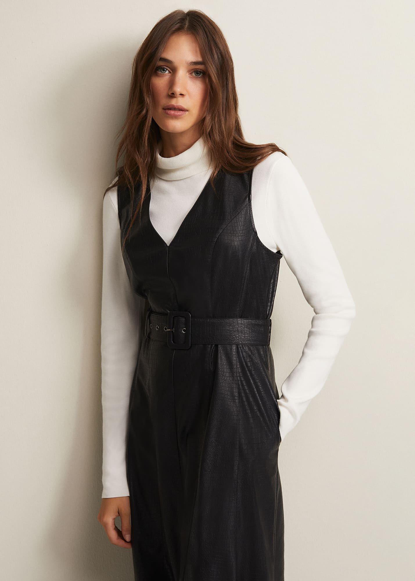 Khloe Black Faux Leather Midi Dress