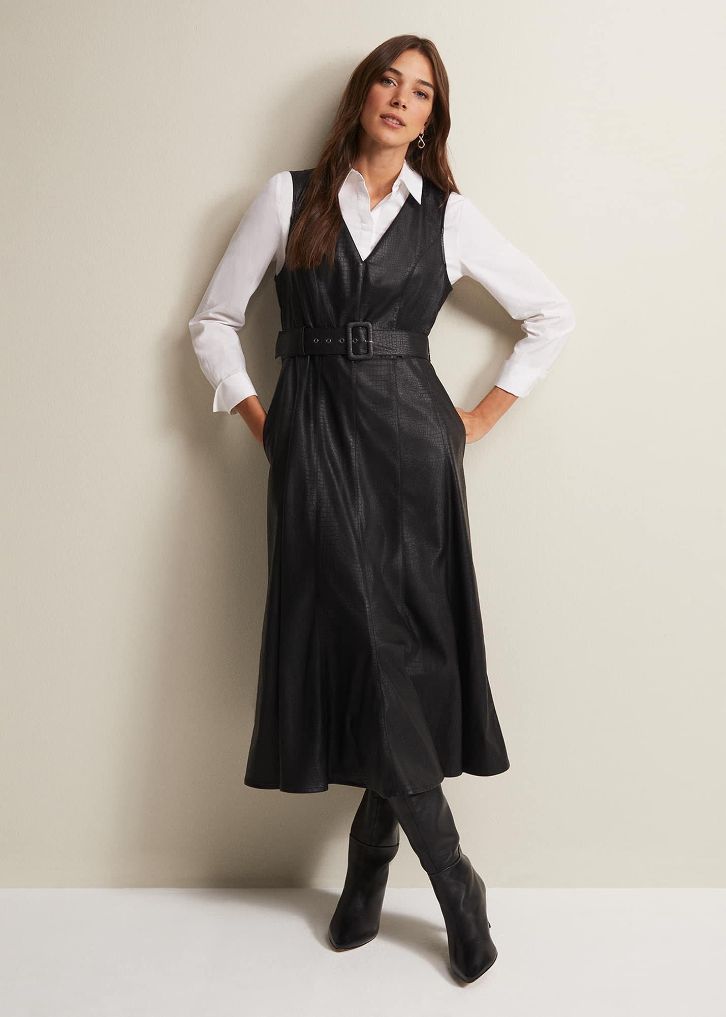 Khloe Black Faux Leather Midi Dress