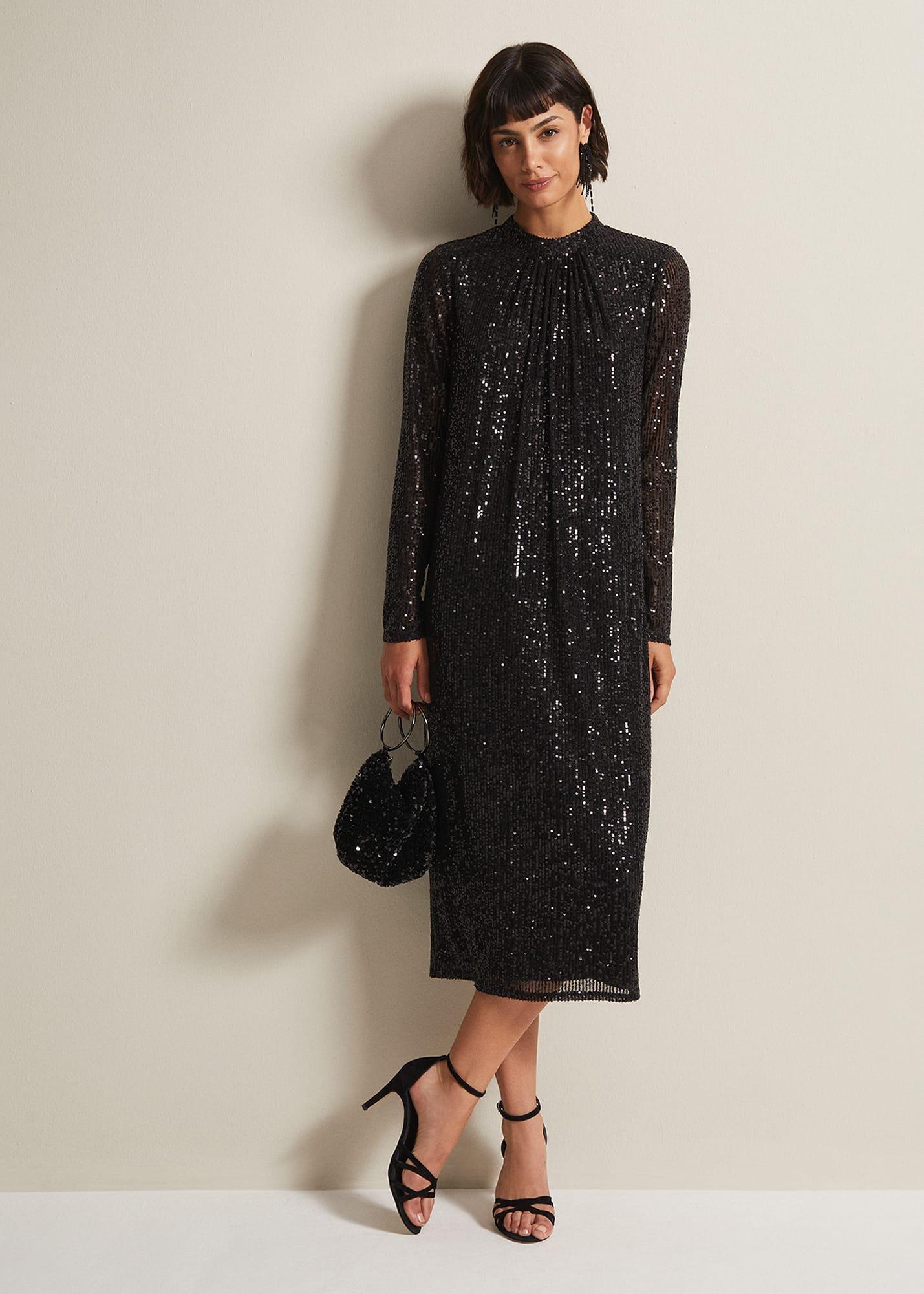 Cindy Black Sequin Midi Dress