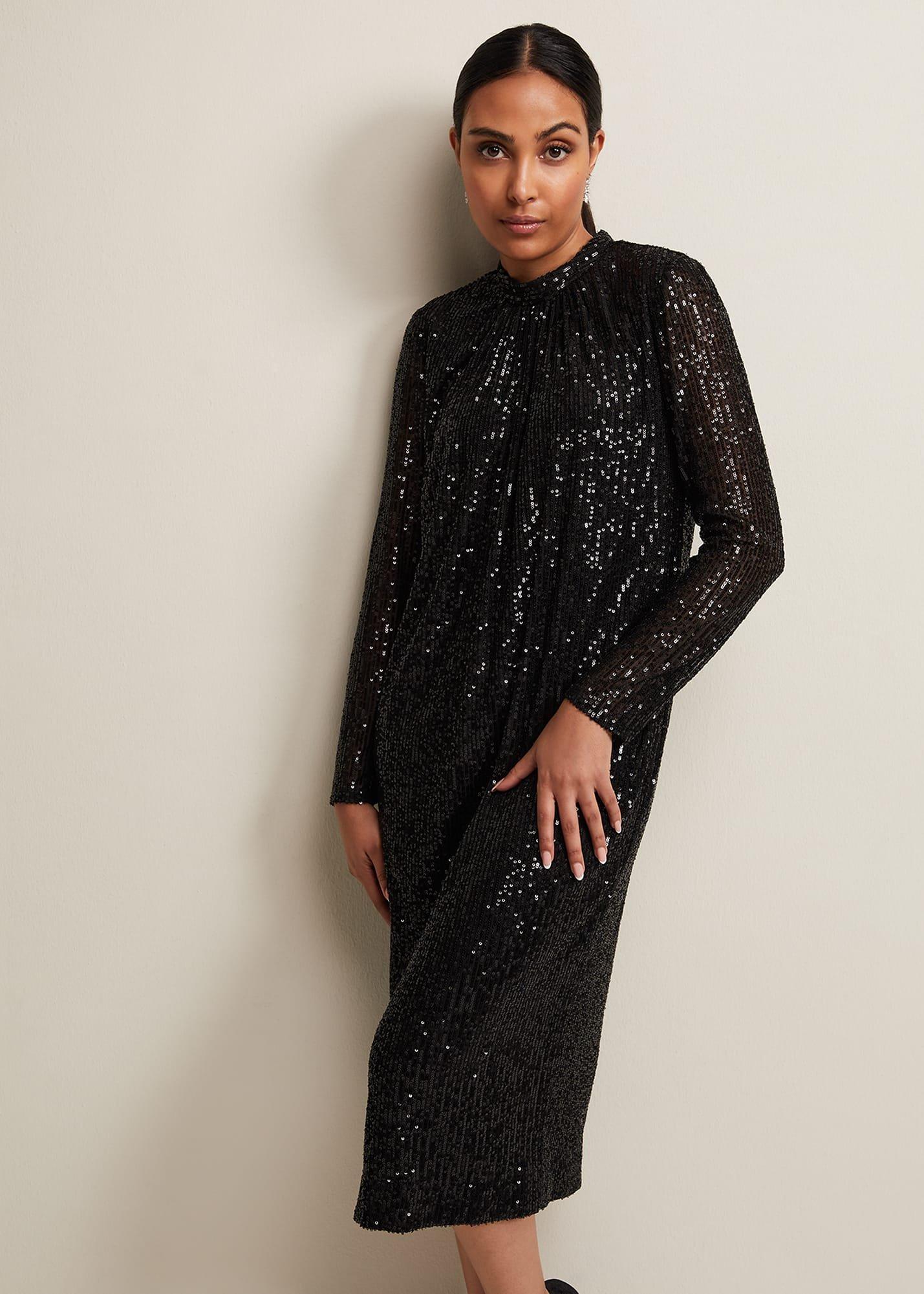 Petite Cindy Black Sequin Midi Dress