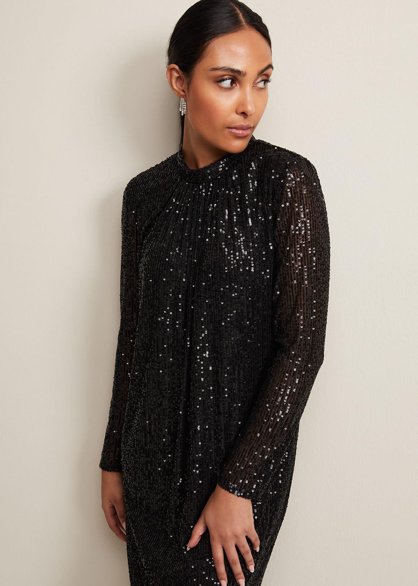 Petite Cindy Black Sequin Midi Dress