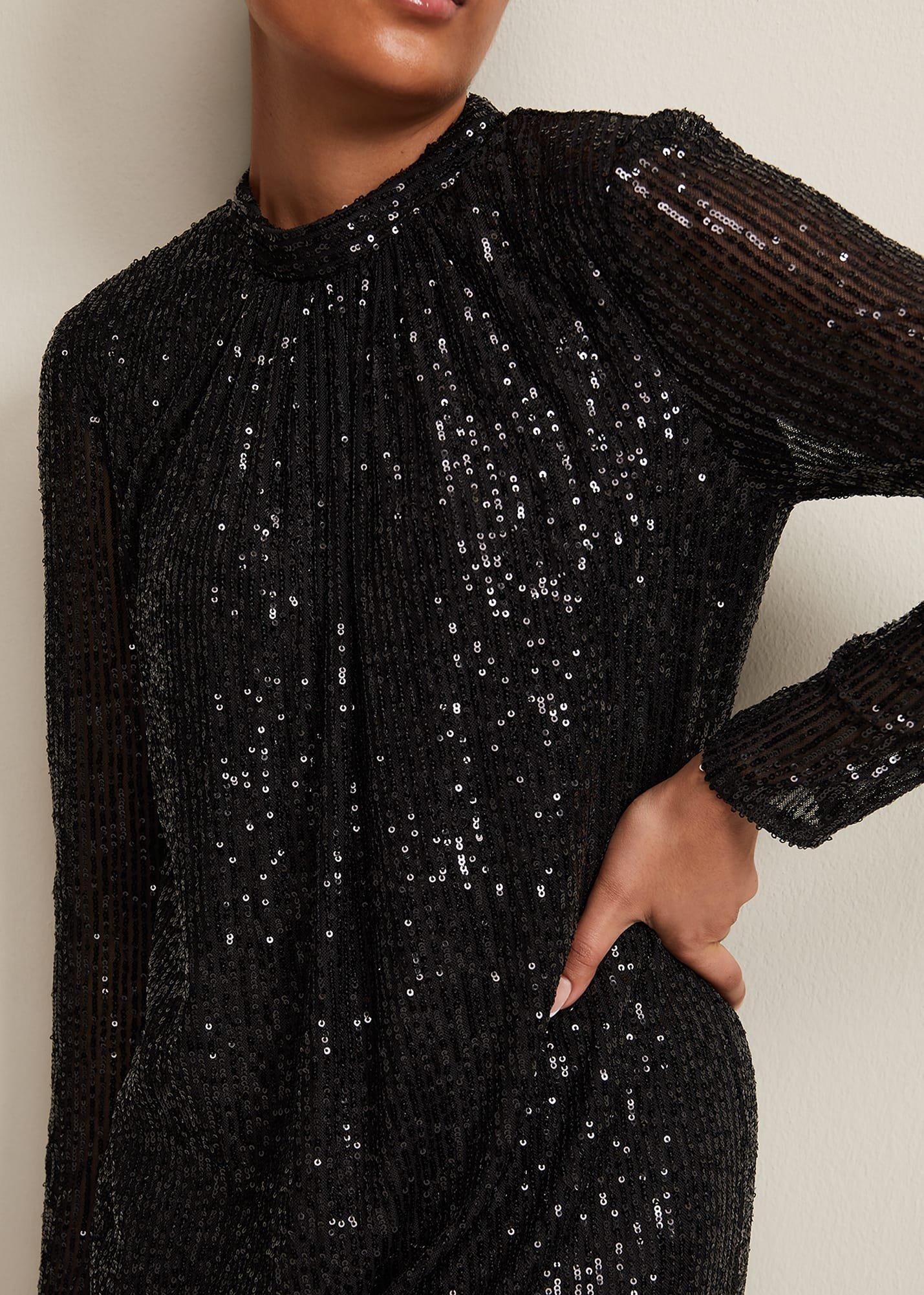 Petite Cindy Black Sequin Midi Dress