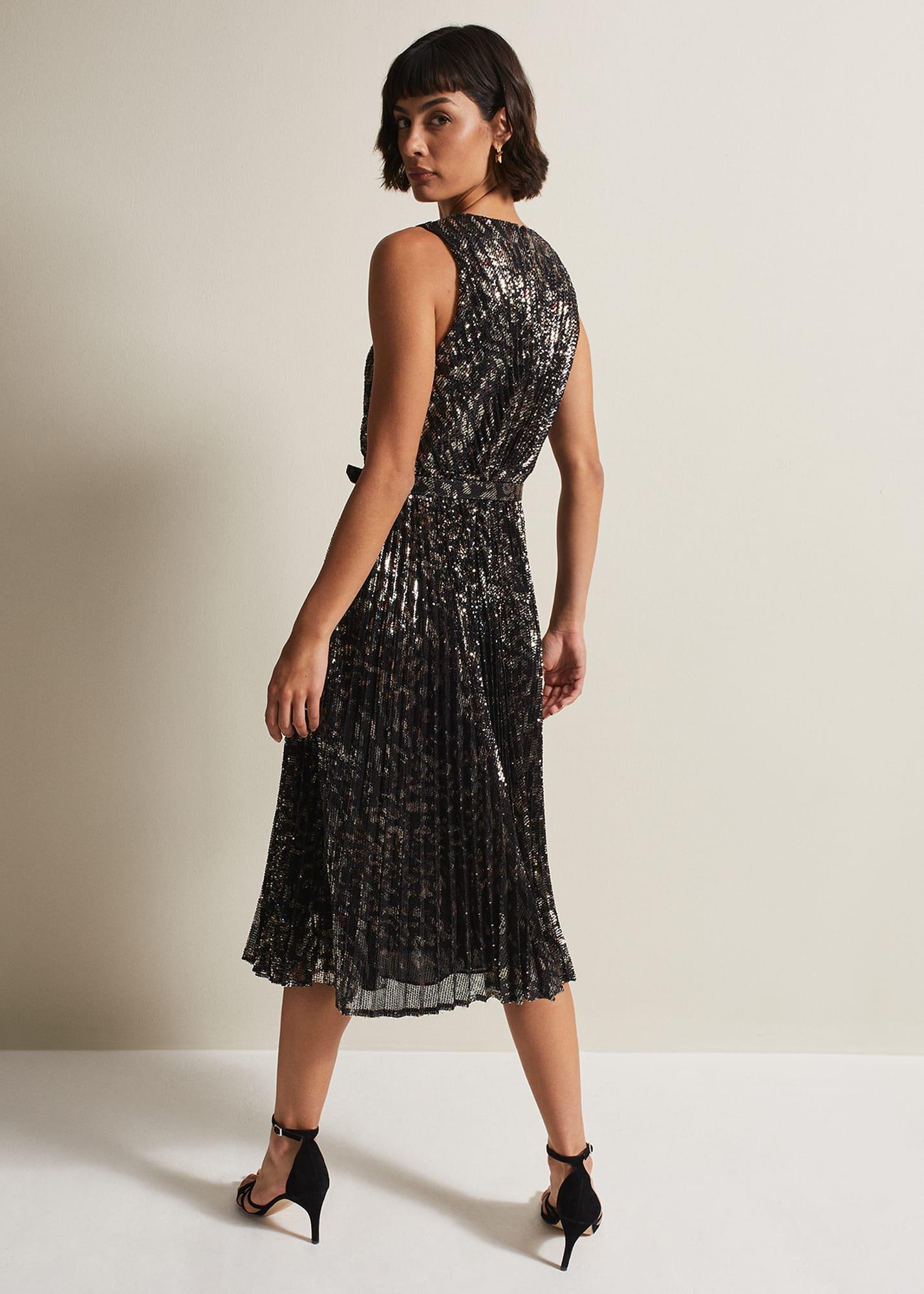 Simara Leopard Sequin Pleated Midi Dress