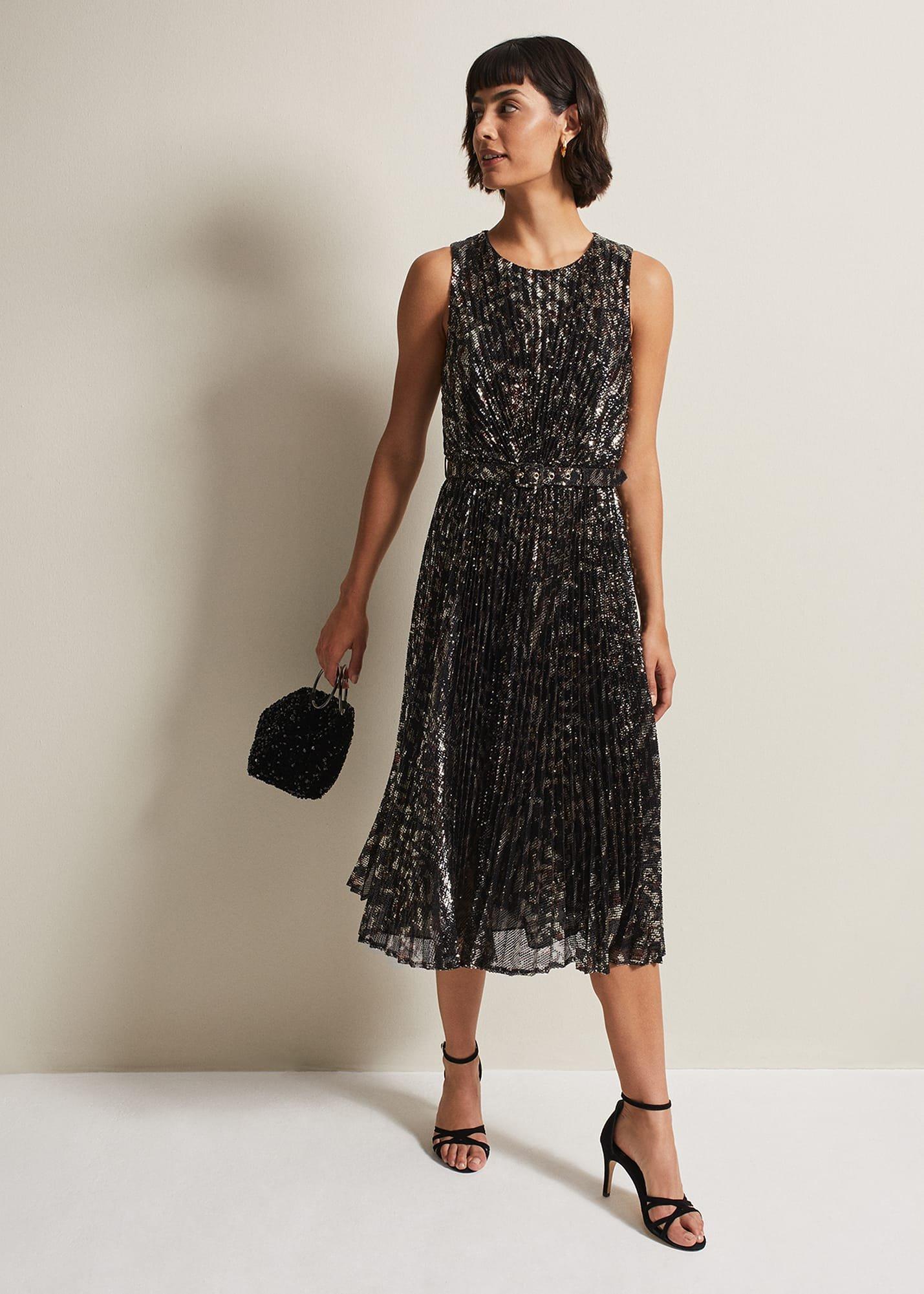 Simara Leopard Sequin Pleated Midi Dress