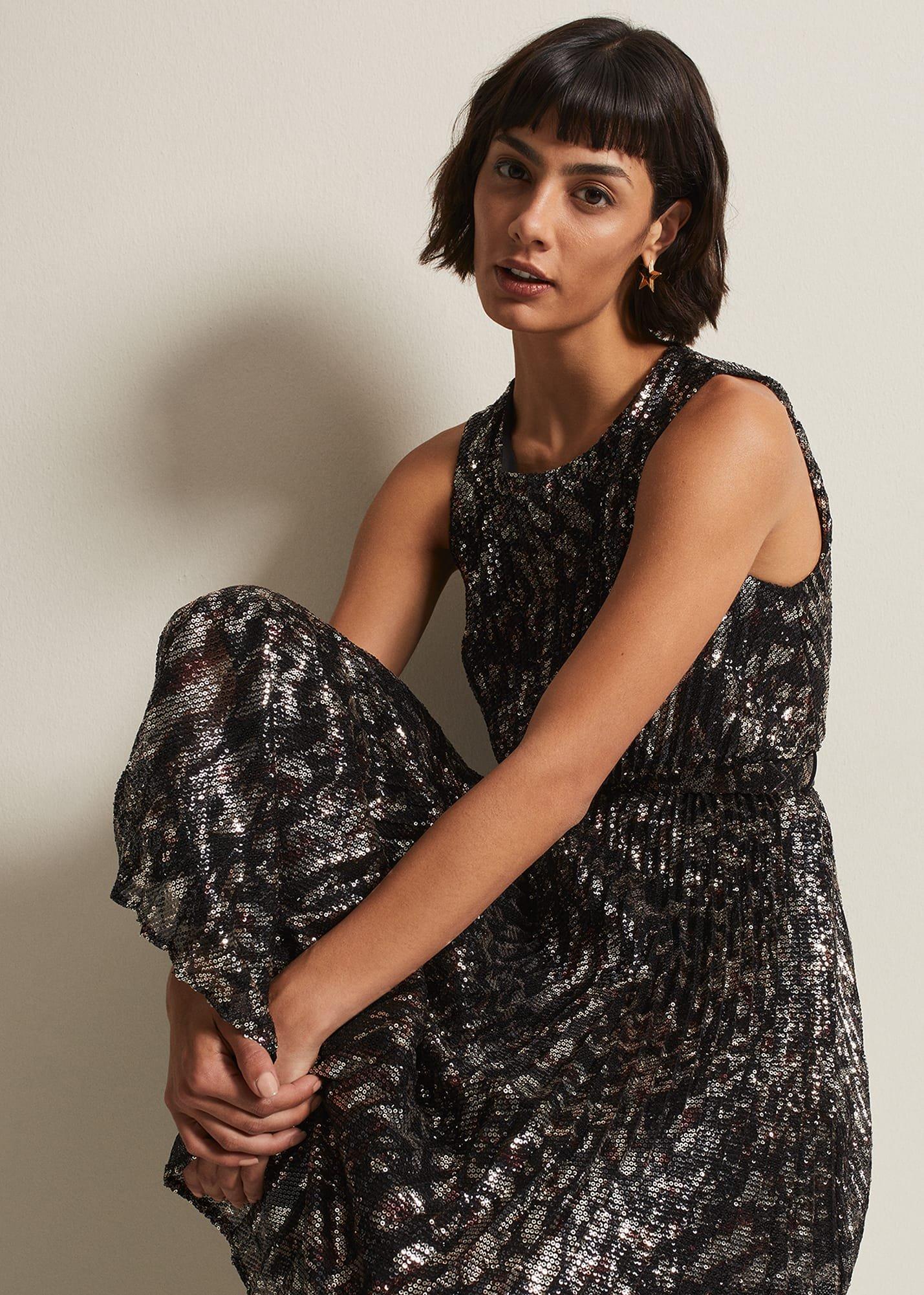 Simara Leopard Sequin Pleated Midi Dress