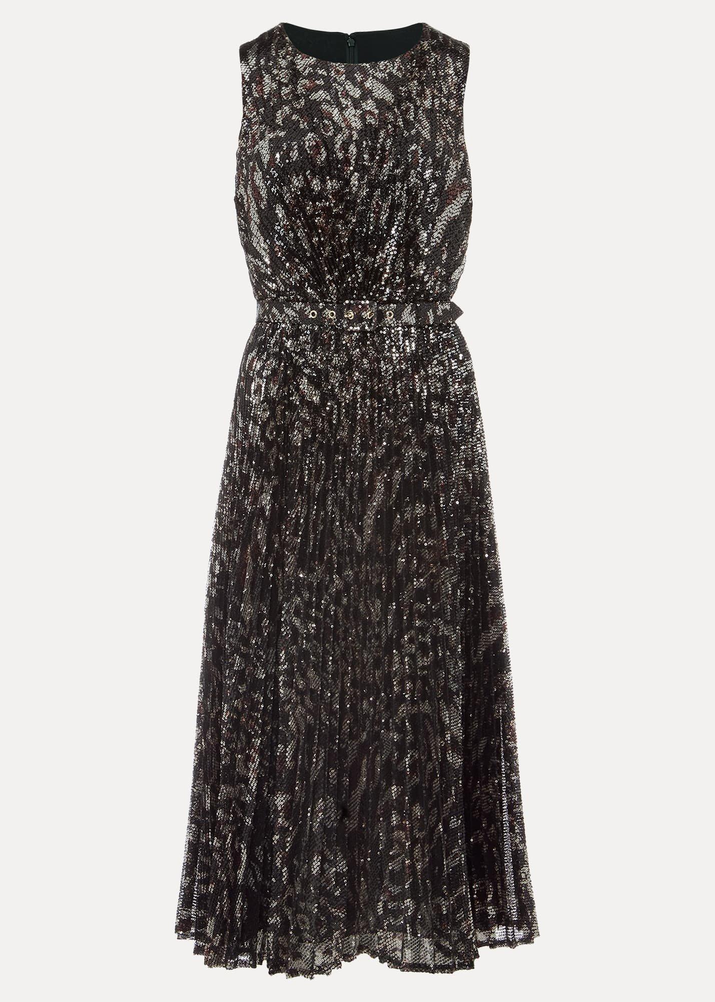 Simara Leopard Sequin Pleated Midi Dress