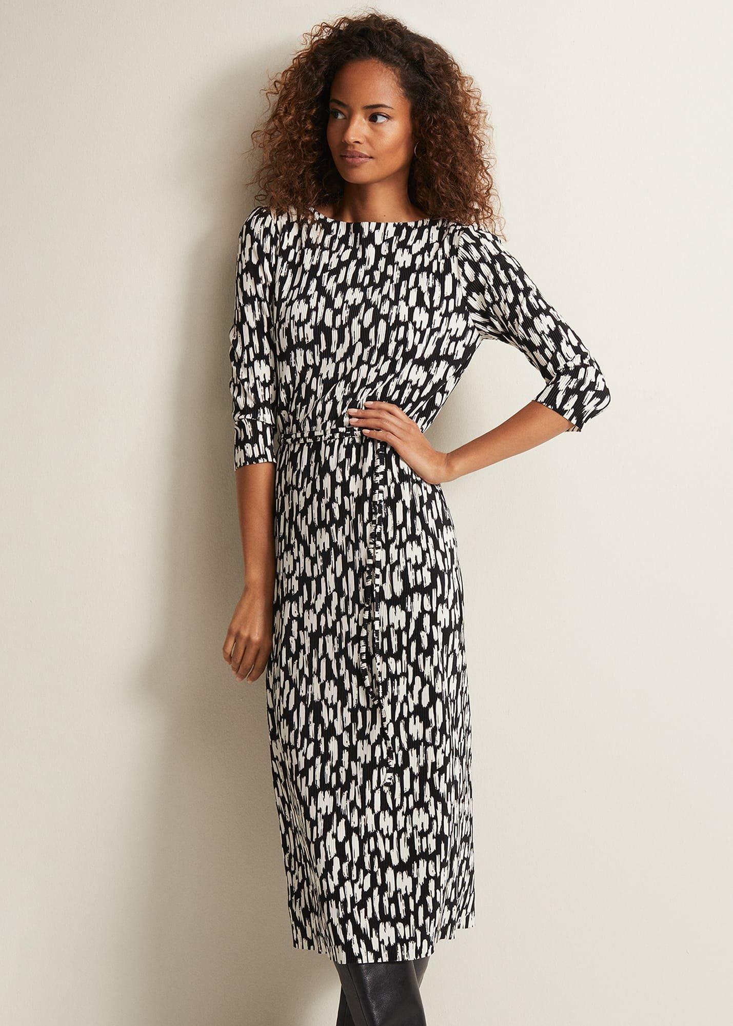 Jane Spotted Plisse Midi Dress