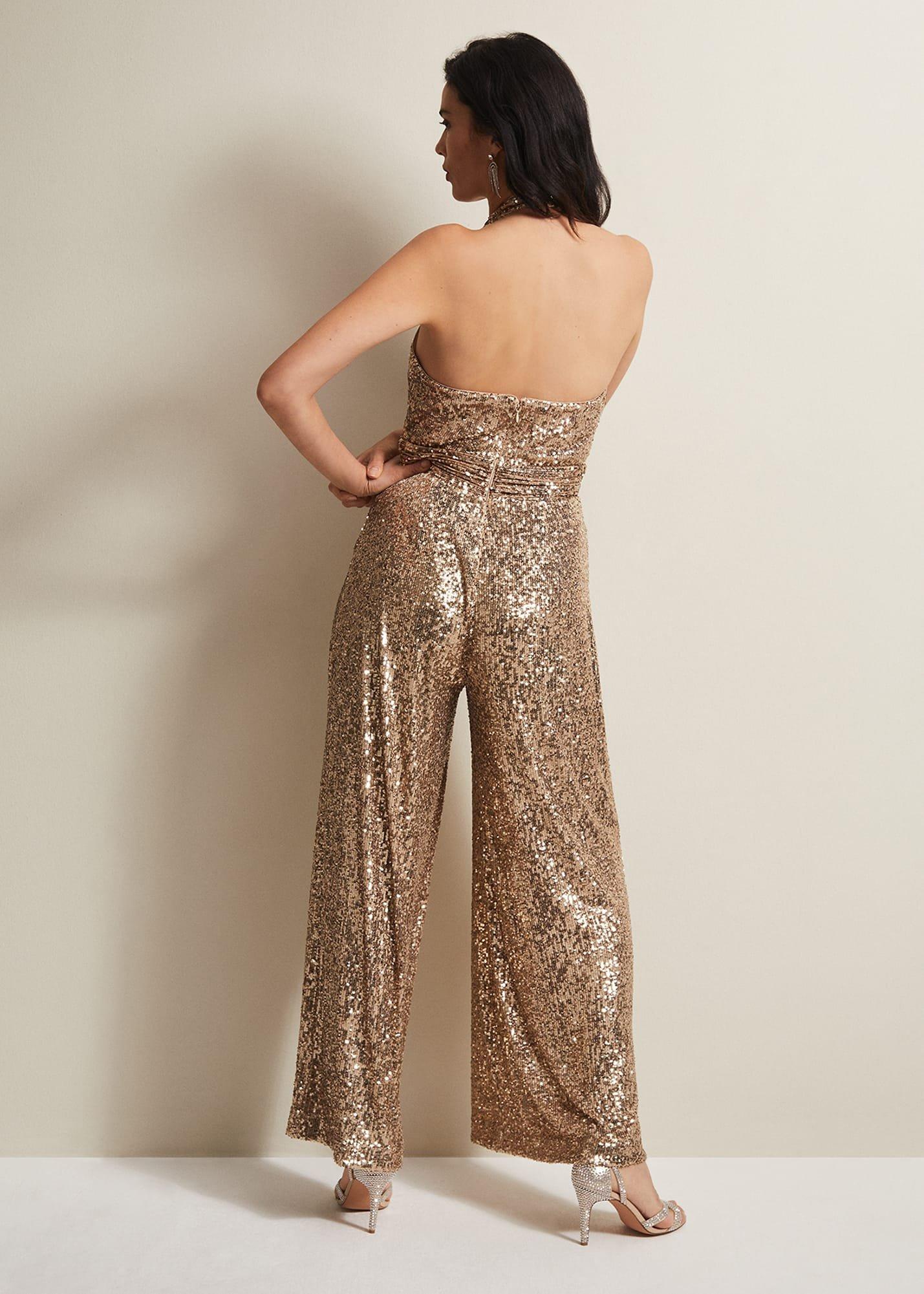 Clarabella Gold Sequin Halterneck Jumpsuit