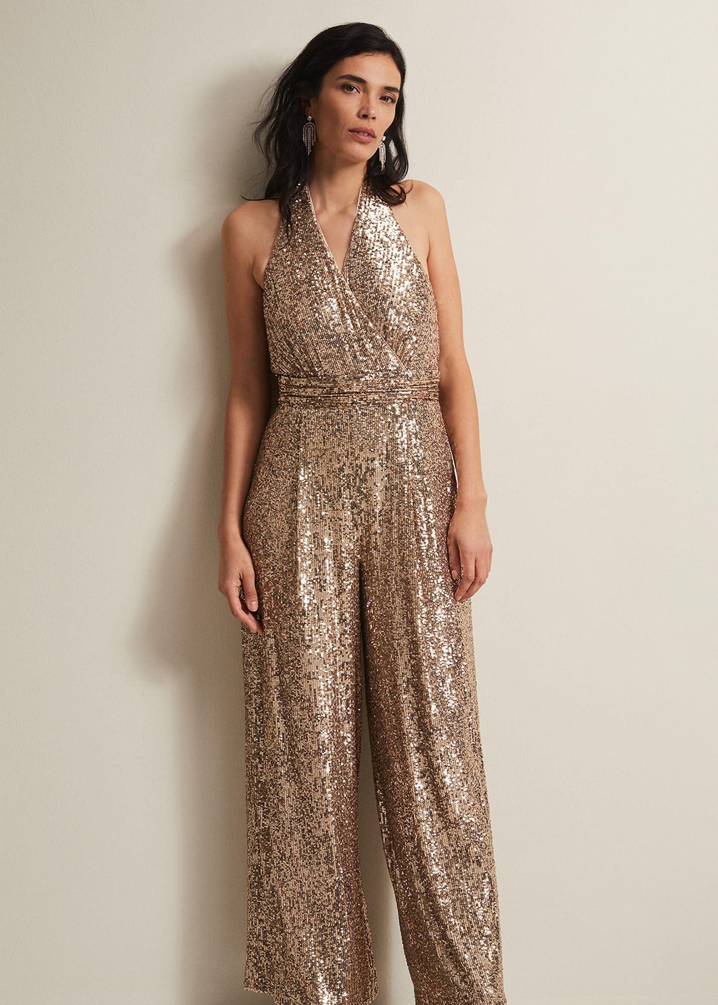 Clarabella Gold Sequin Halterneck Jumpsuit