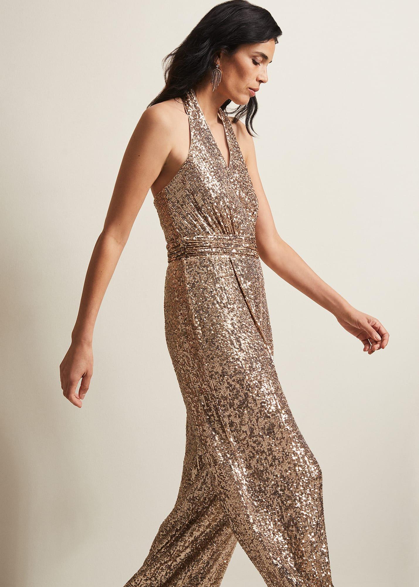 Clarabella Gold Sequin Halterneck Jumpsuit
