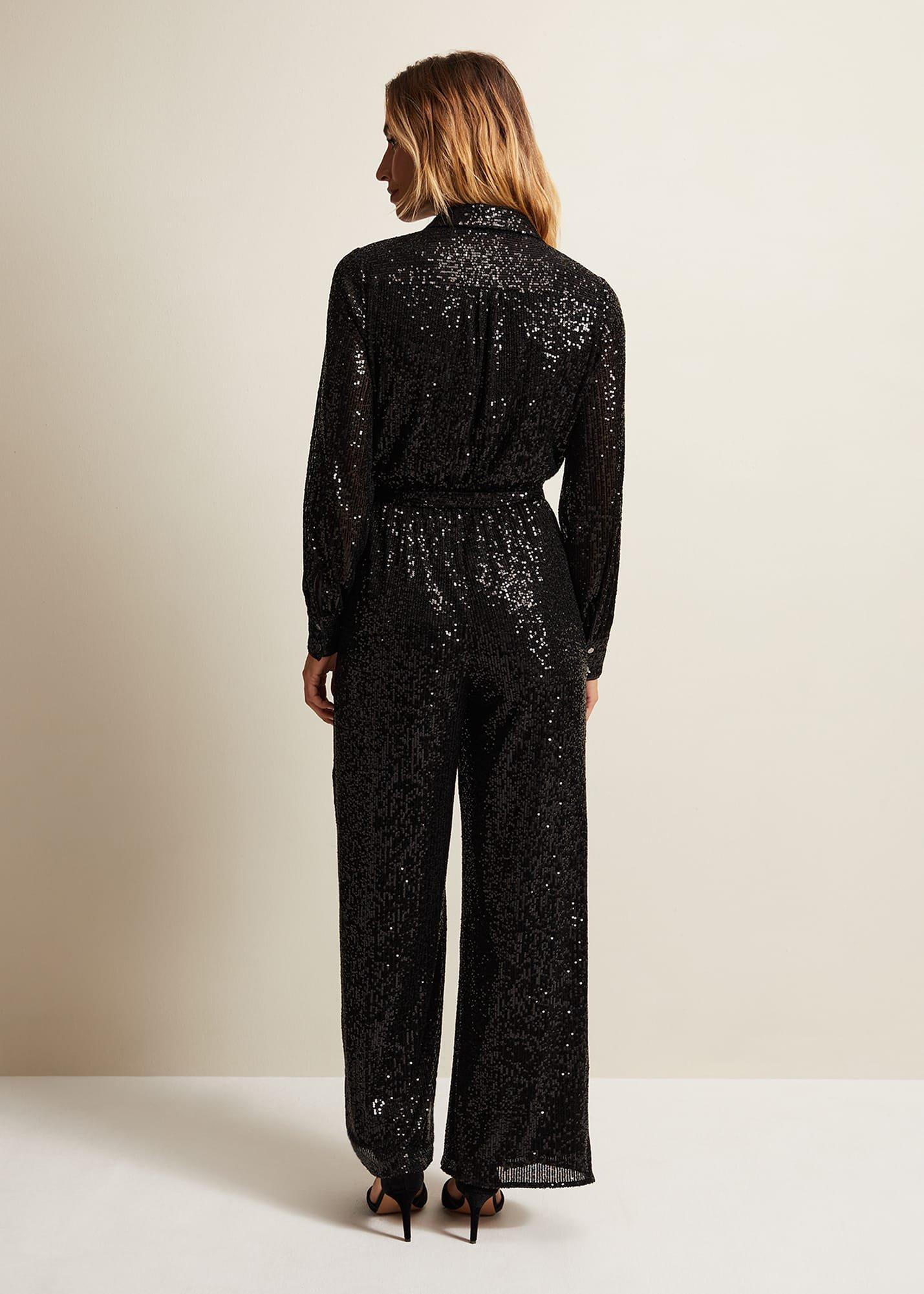 Alessandra Black Sequin Shirt Jumpsuit