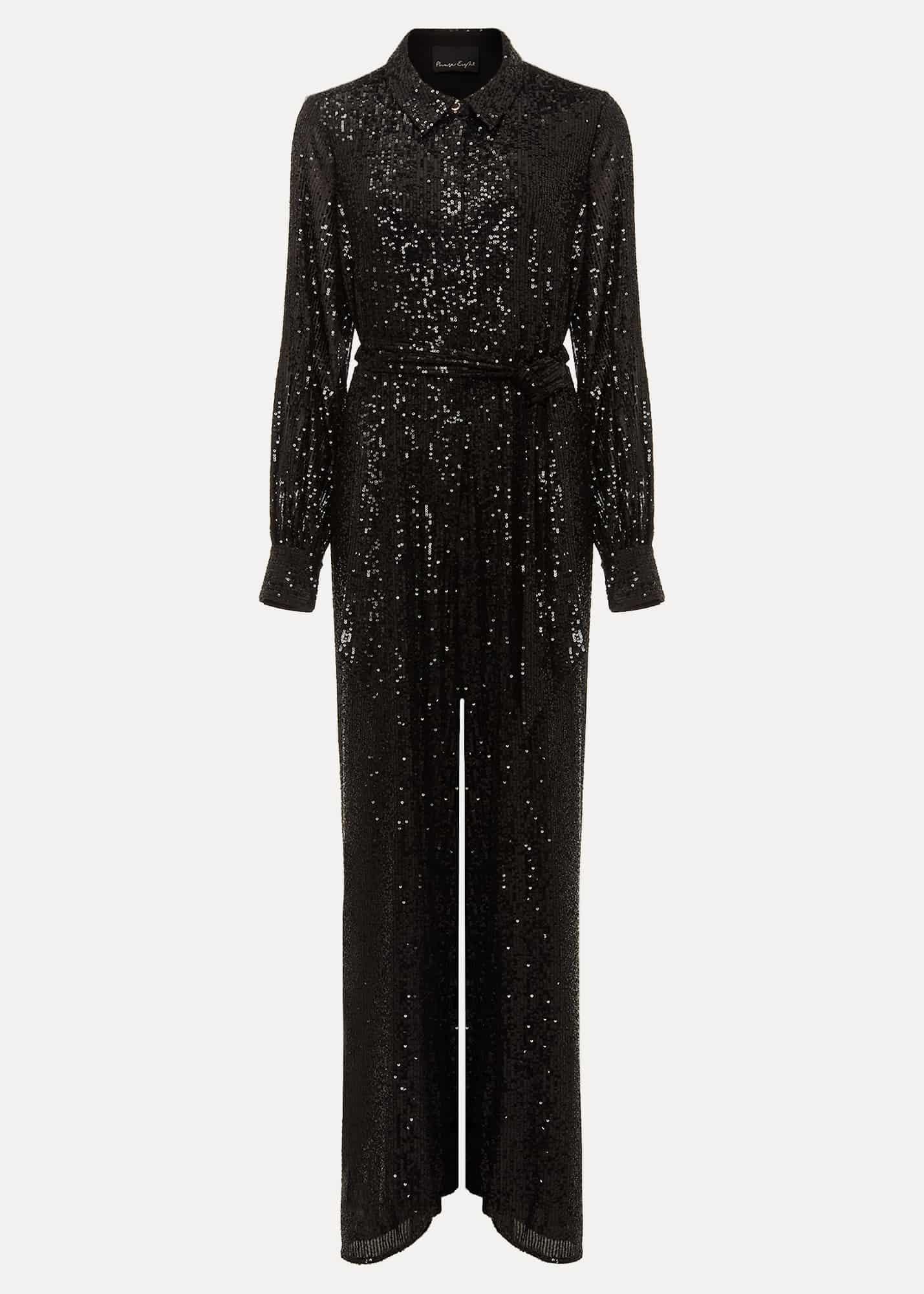 Alessandra Black Sequin Shirt Jumpsuit