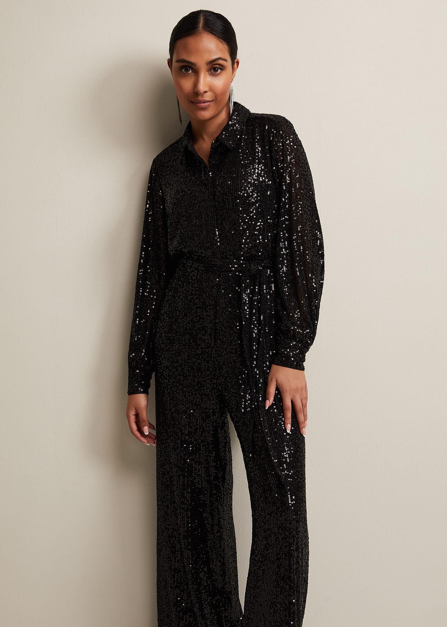Petite Alessandra Black Sequin Jumpsuit
