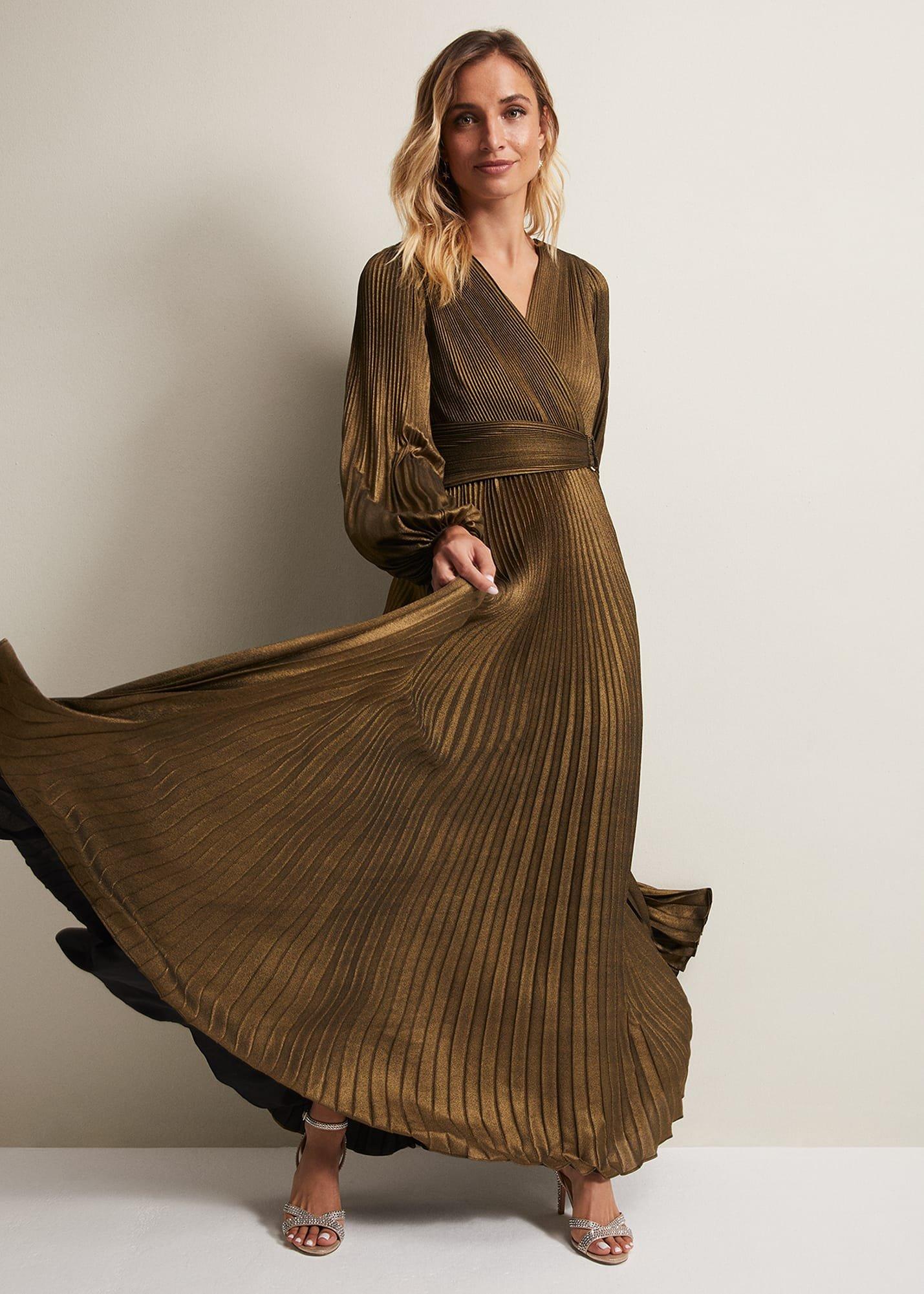 Adrianna Foil Pleated Maxi Dress