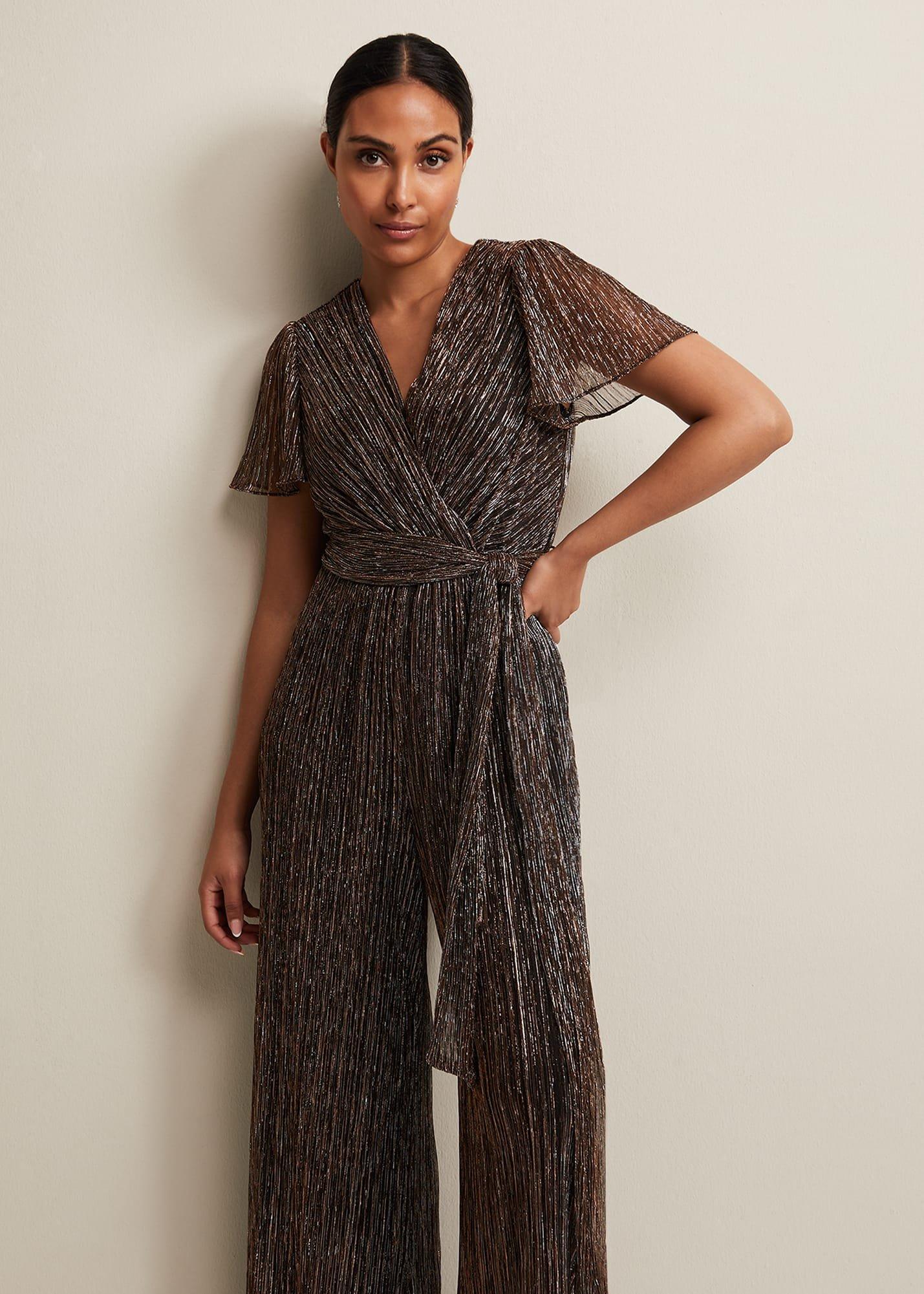 Petite Stella Bronze Plisse Jumpsuit