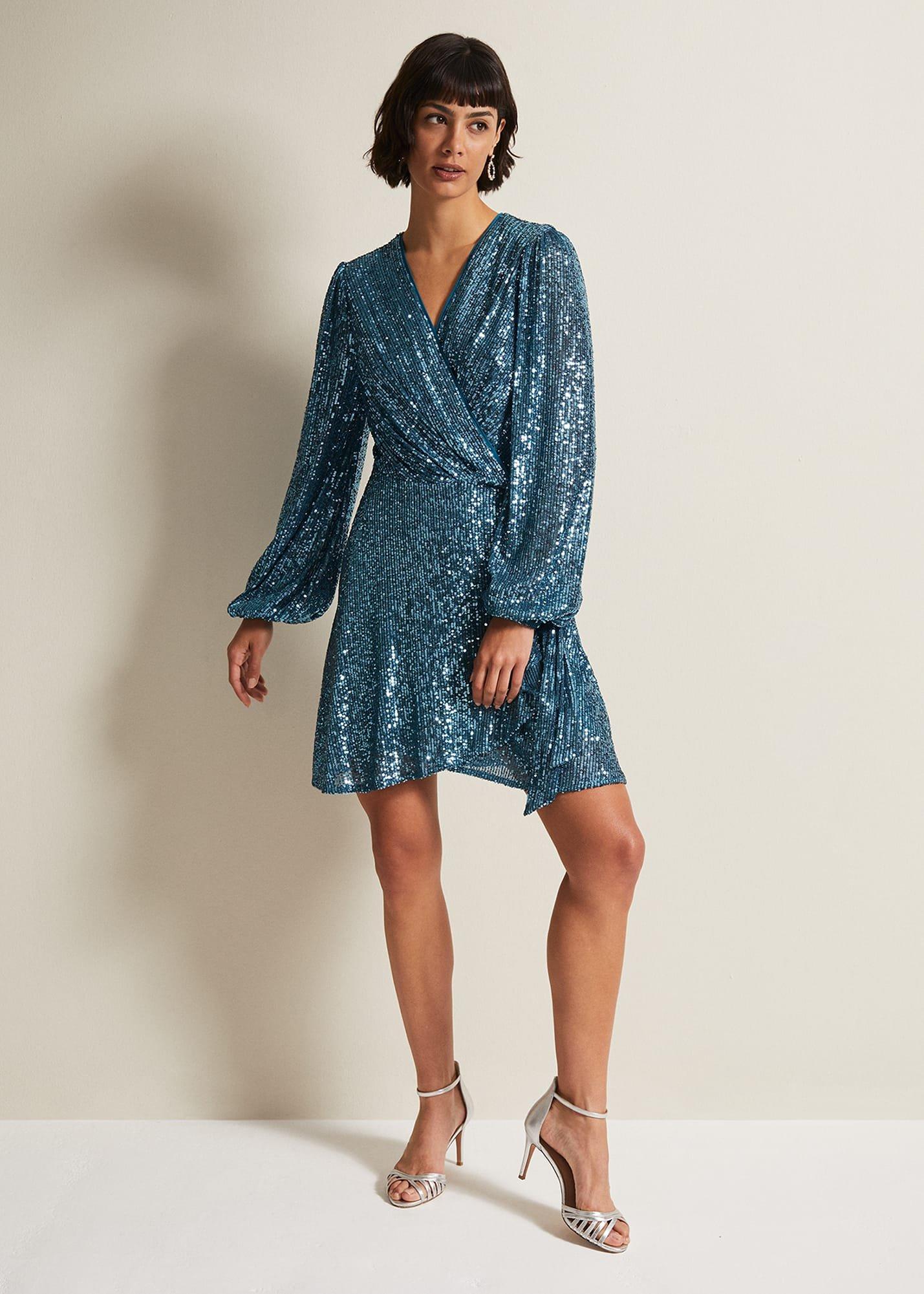 Carissa Teal Sequin Wrap Mini Dress