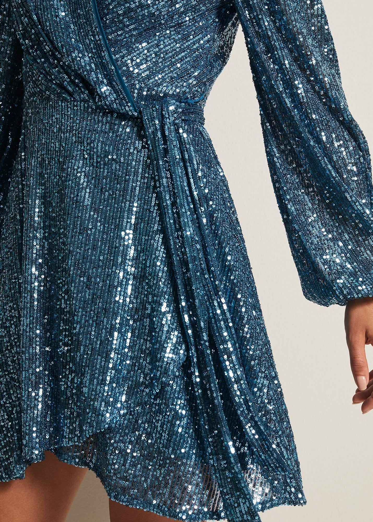 Carissa Teal Sequin Wrap Mini Dress