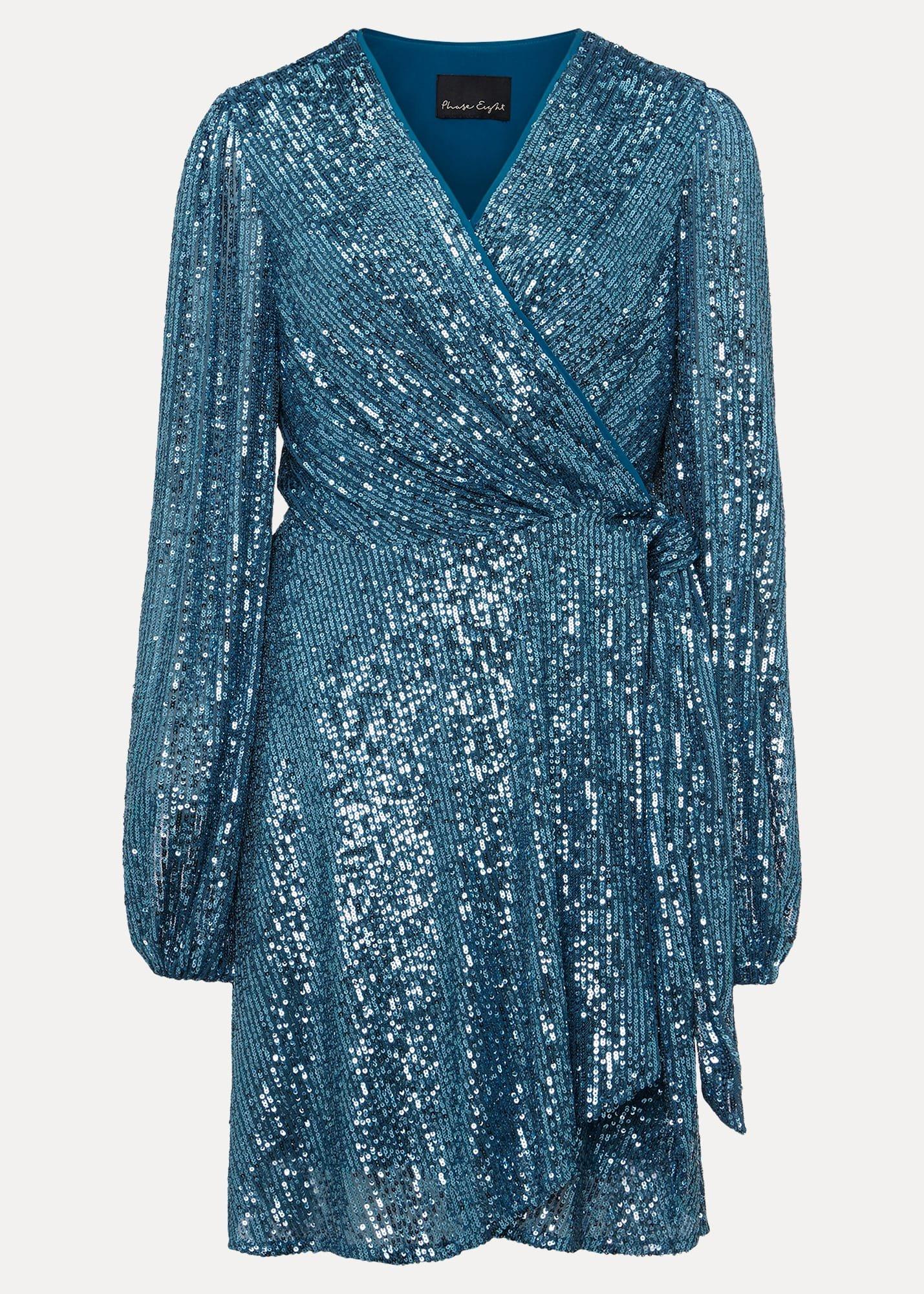 Carissa Teal Sequin Wrap Mini Dress