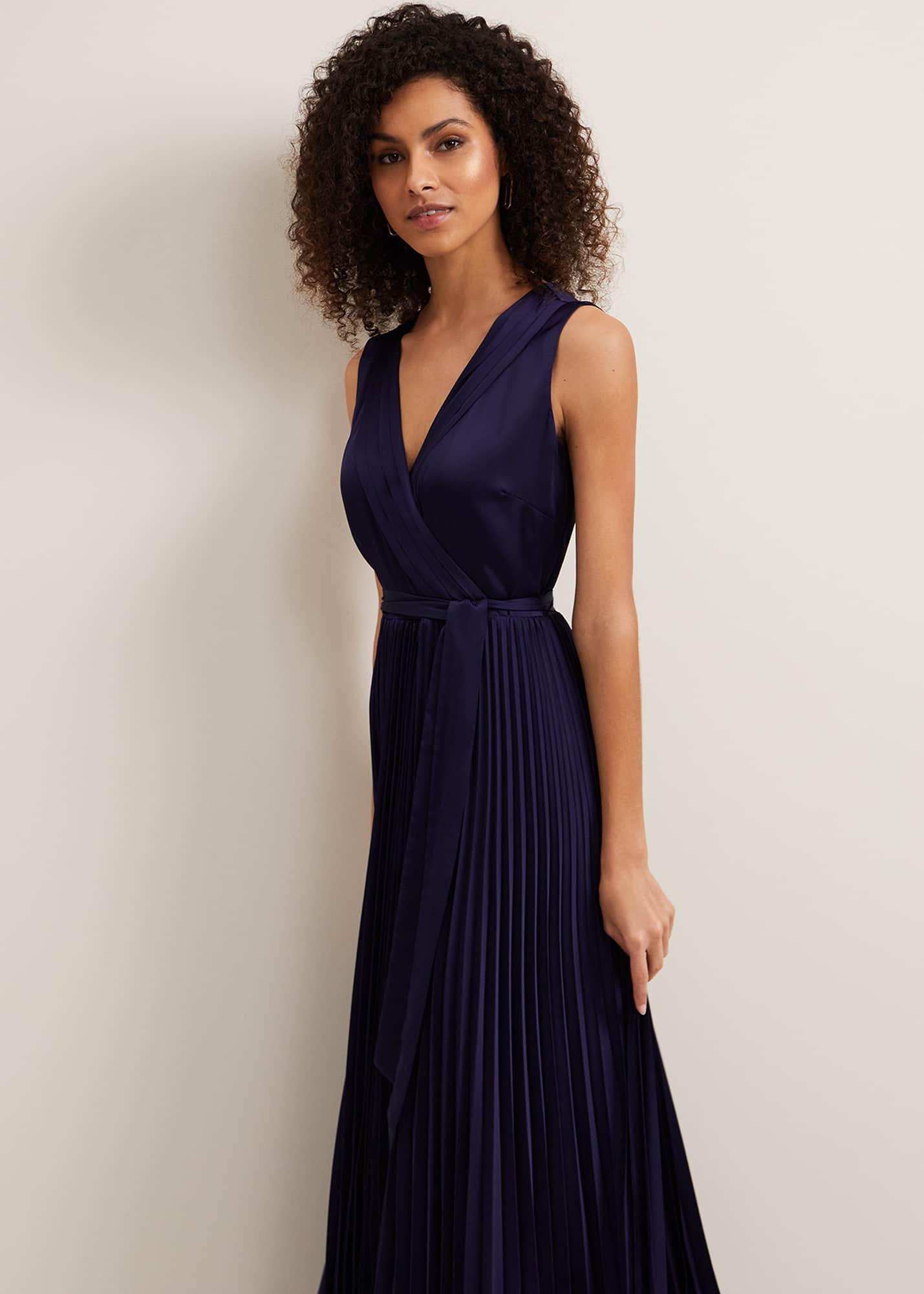 Bonnie Pleat Wrap Satin Maxi Dress