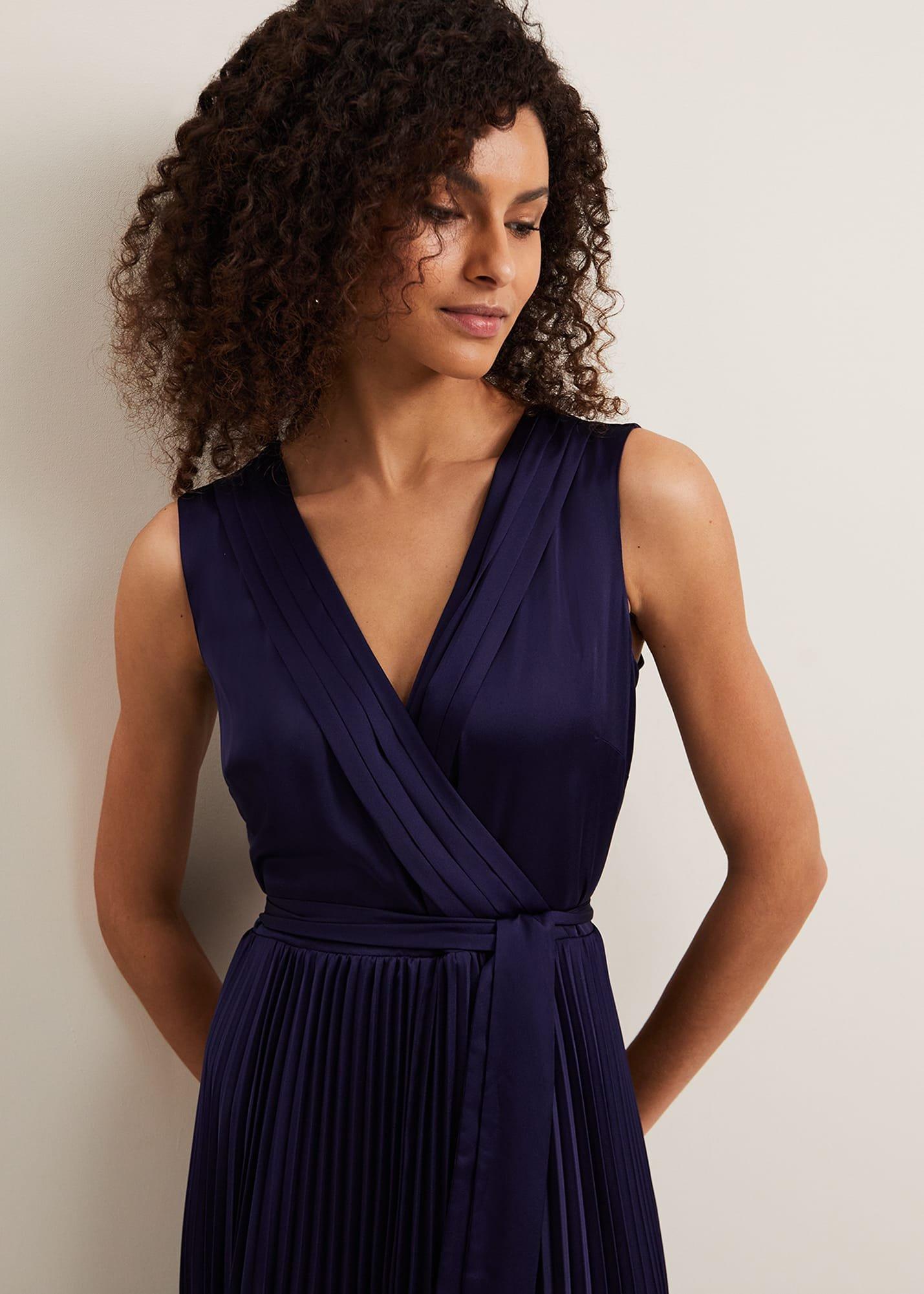 Bonnie Pleat Wrap Satin Maxi Dress