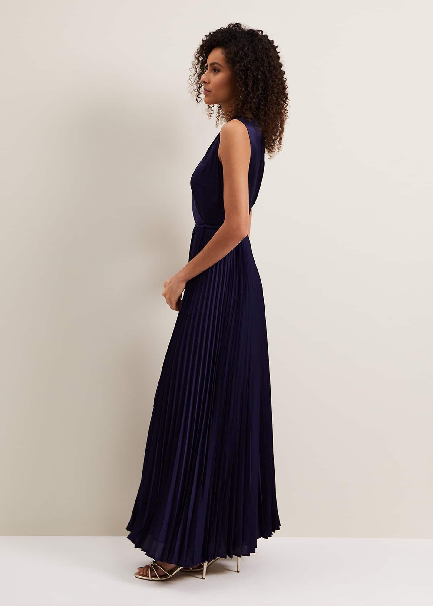 Bonnie Pleat Wrap Satin Maxi Dress