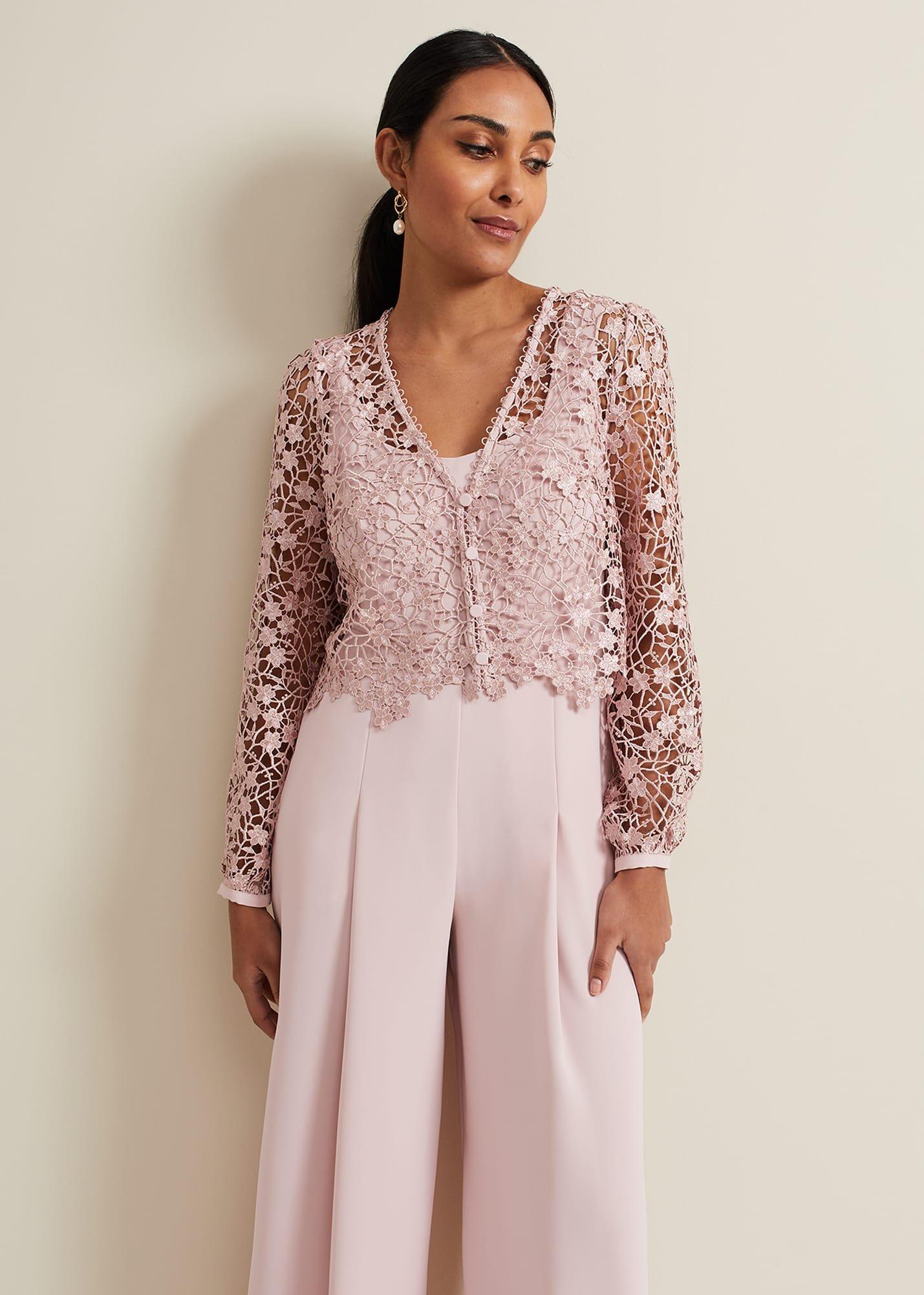 Petite Mariposa Pale Pink Lace Jumpsuit