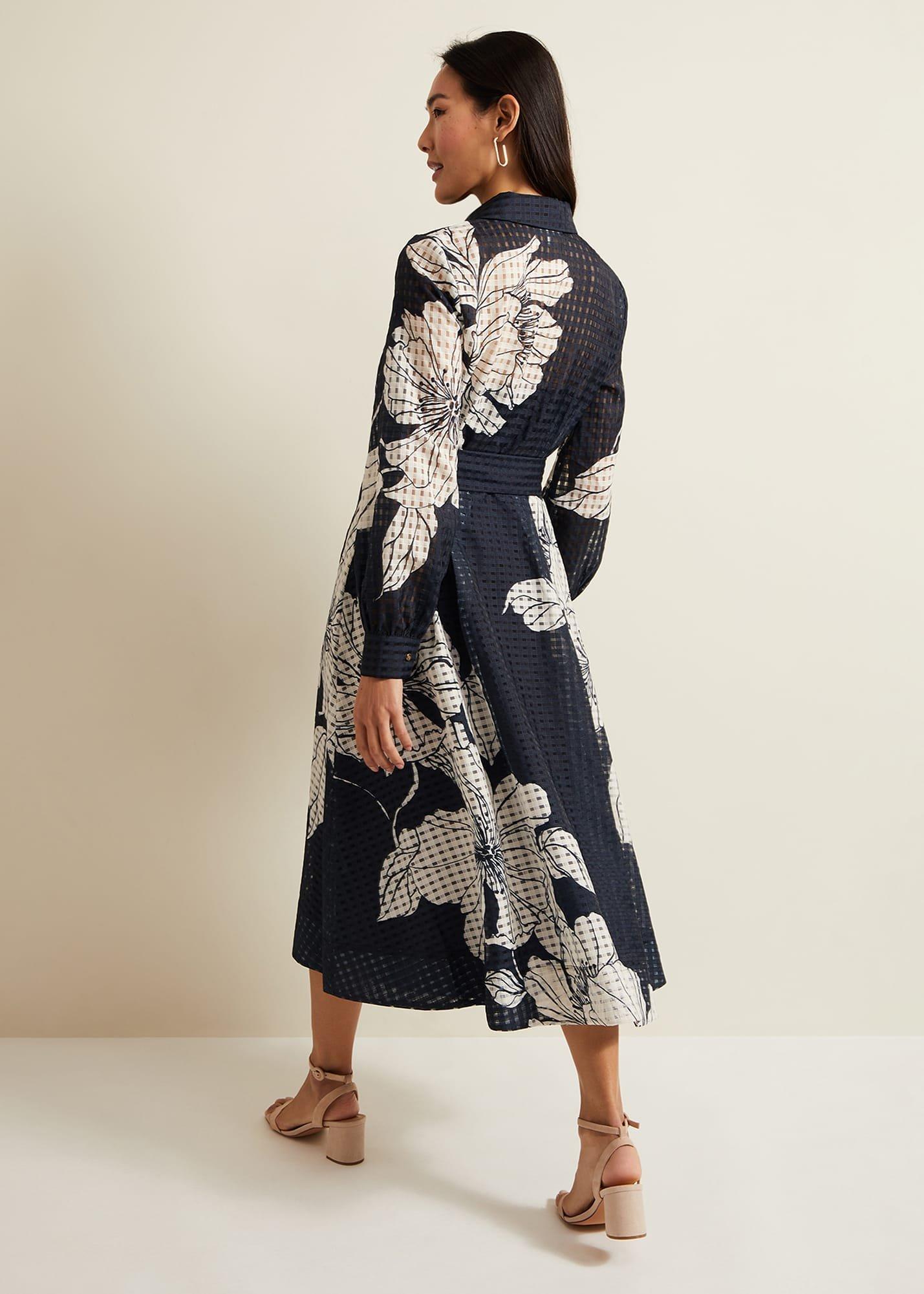Natalie Navy Floral Shirt Midi Dress