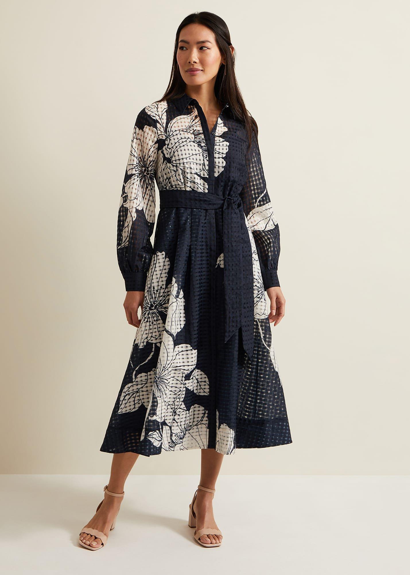 Natalie Navy Floral Shirt Midi Dress