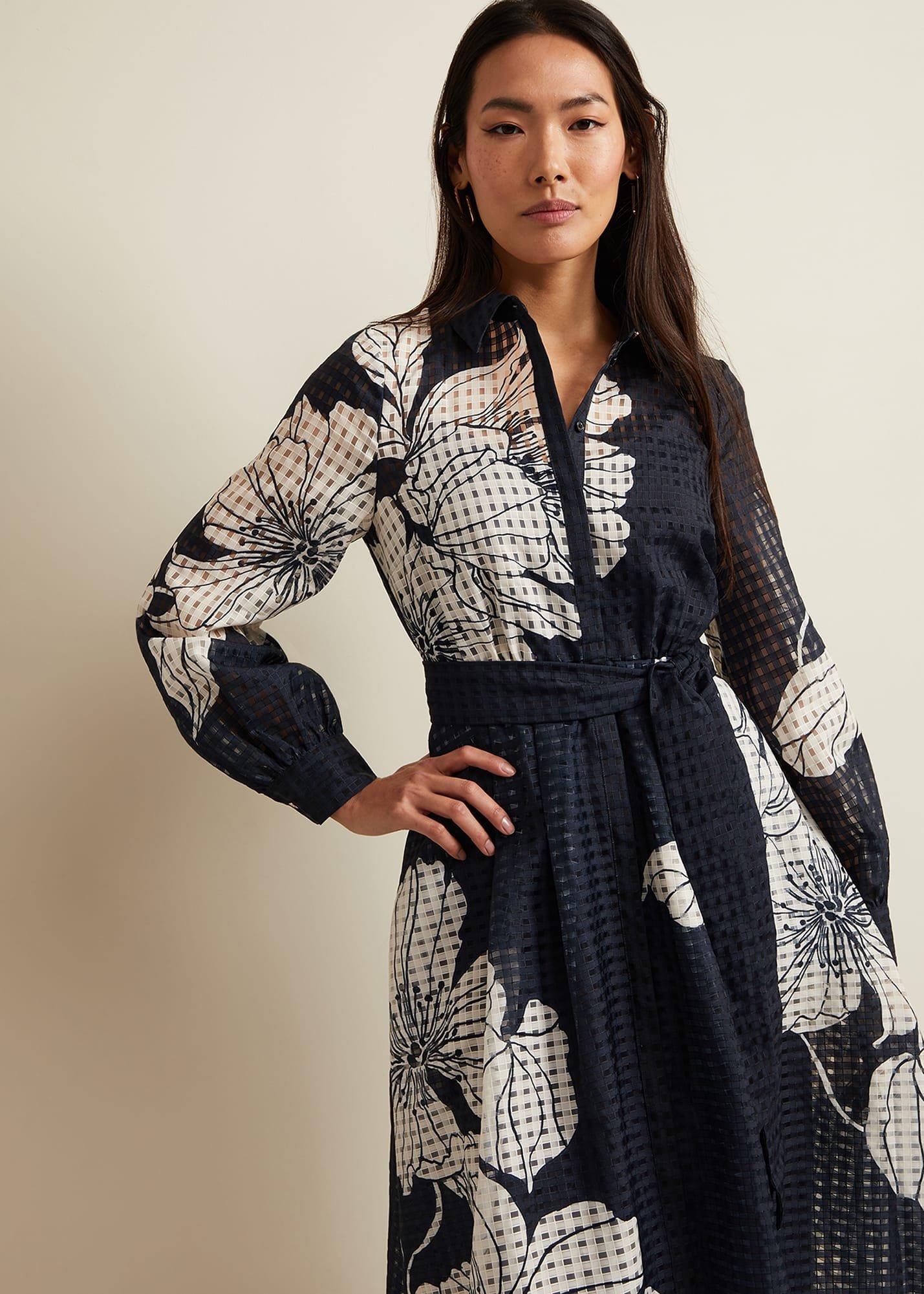 Natalie Navy Floral Shirt Midi Dress