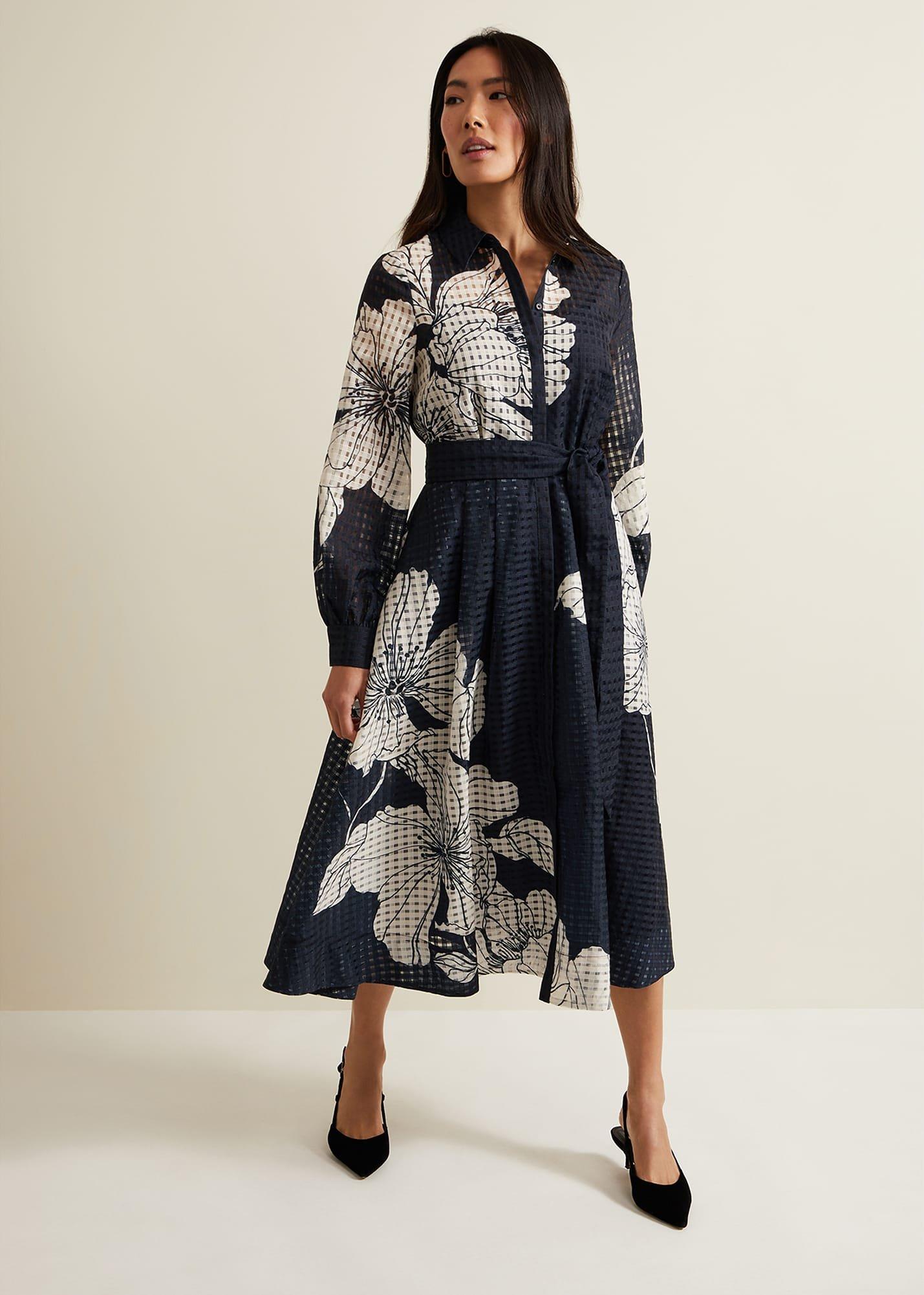 Natalie Navy Floral Shirt Midi Dress