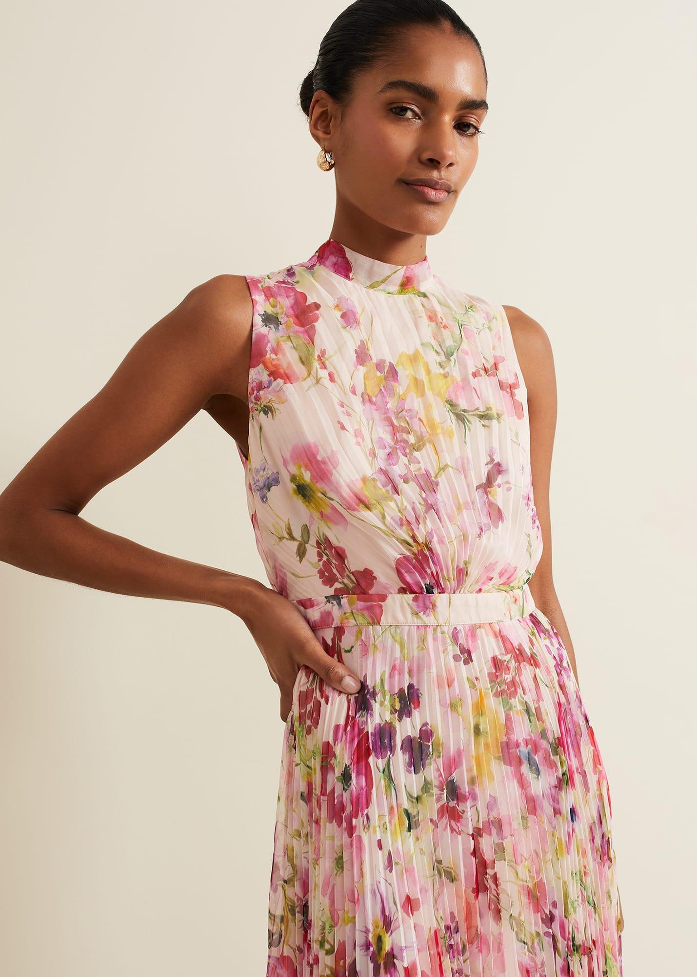 Dahlia Print Pleat Midaxi Dress