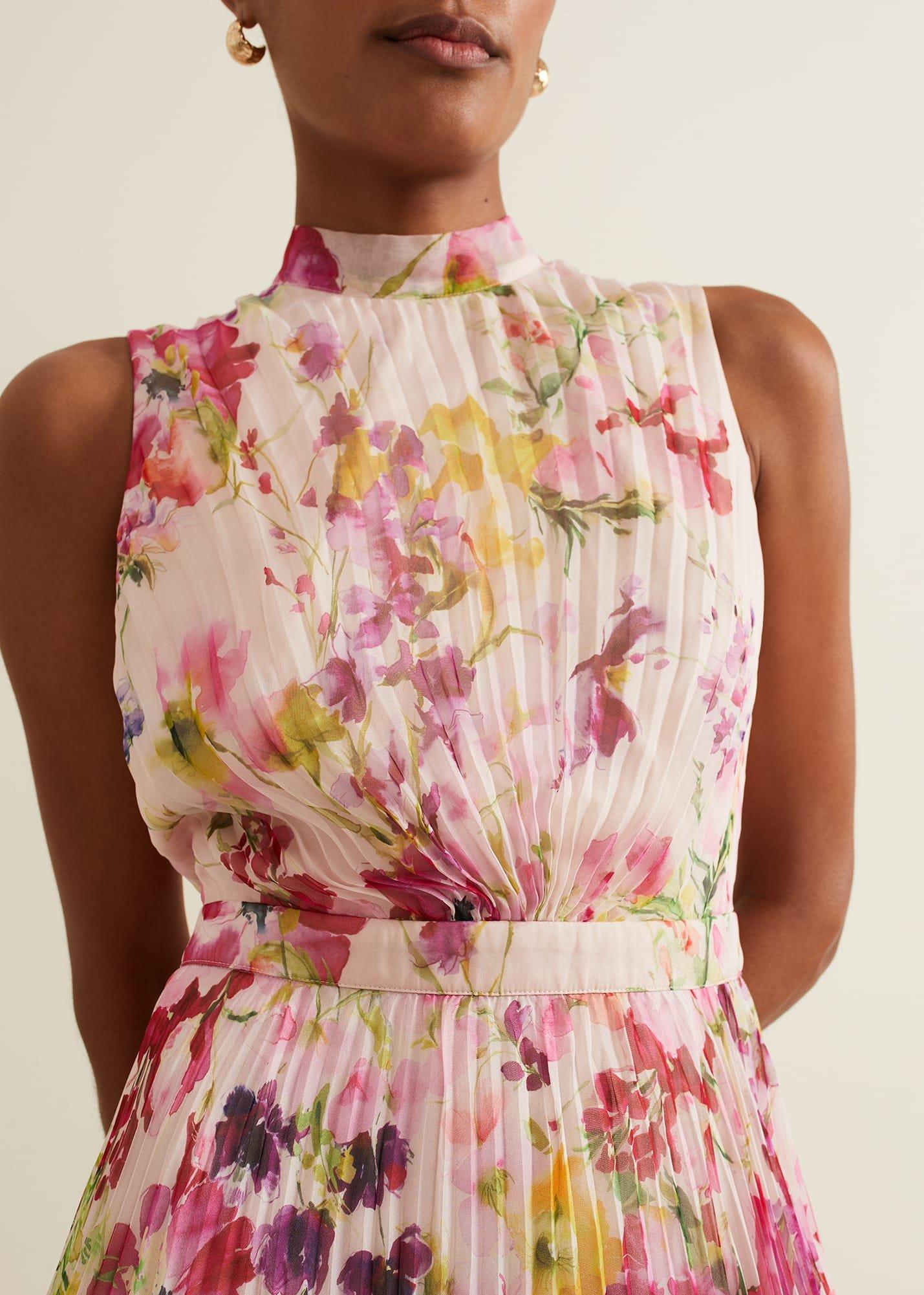 Dahlia Print Pleat Midaxi Dress