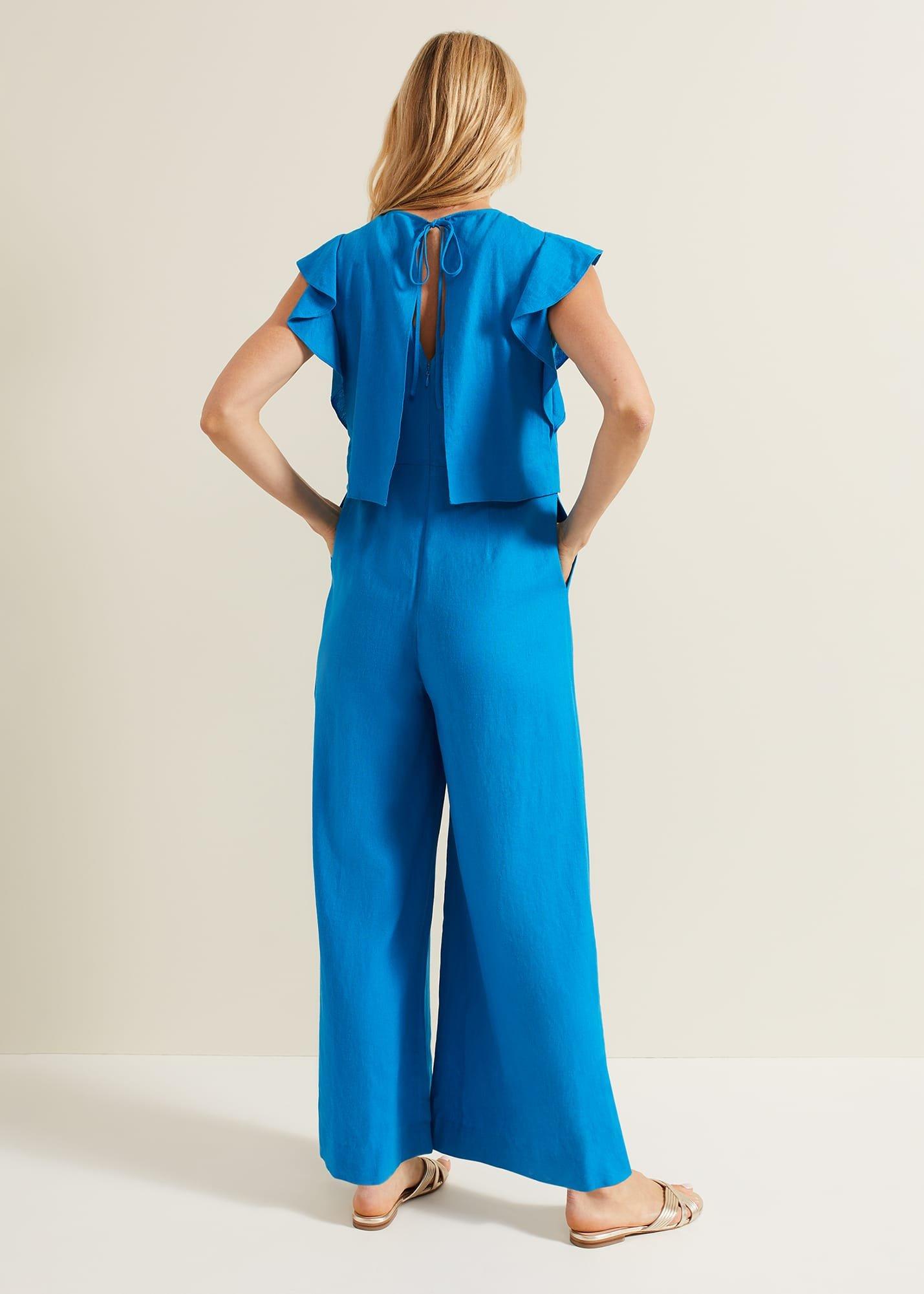 Aubrey Blue Linen Frill Jumpsuit
