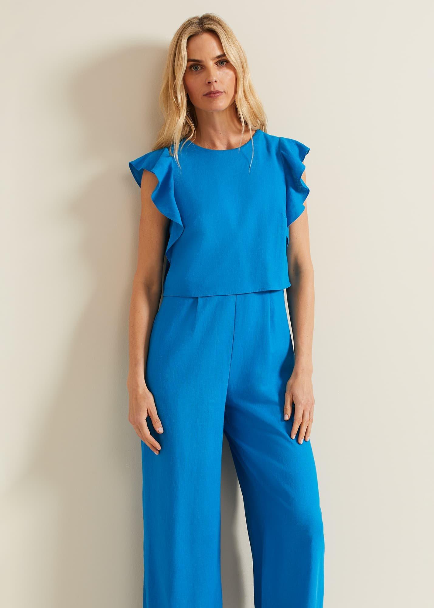 Aubrey Blue Linen Frill Jumpsuit