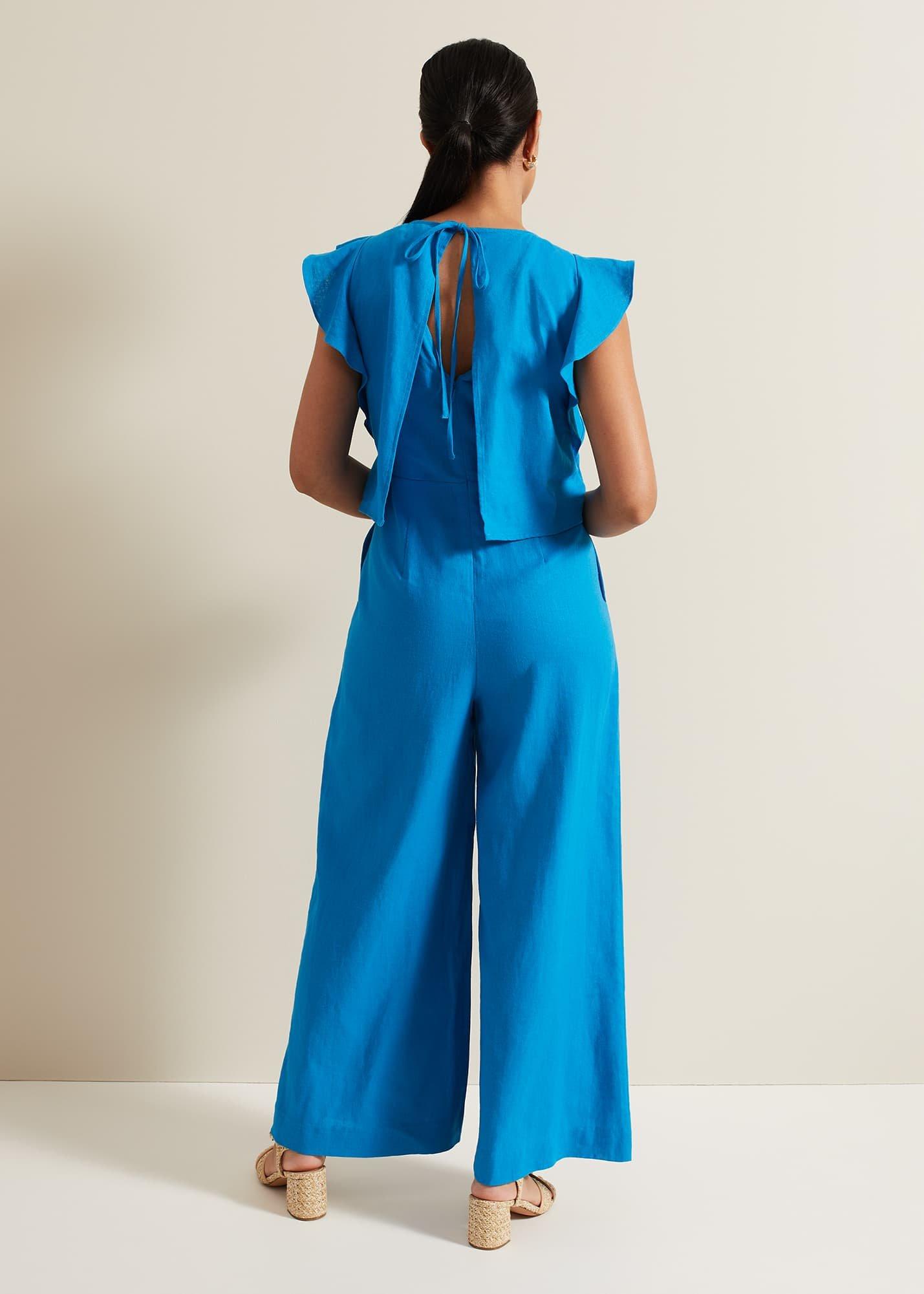 Petite Aubrey Blue Linen Frill Jumpsuit