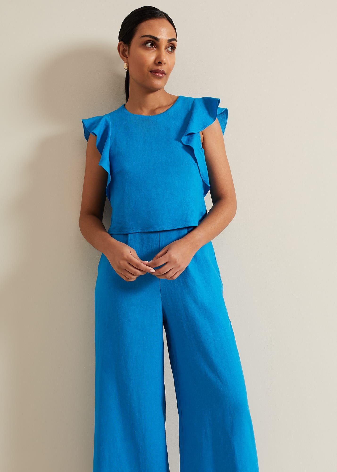 Petite Aubrey Blue Linen Frill Jumpsuit