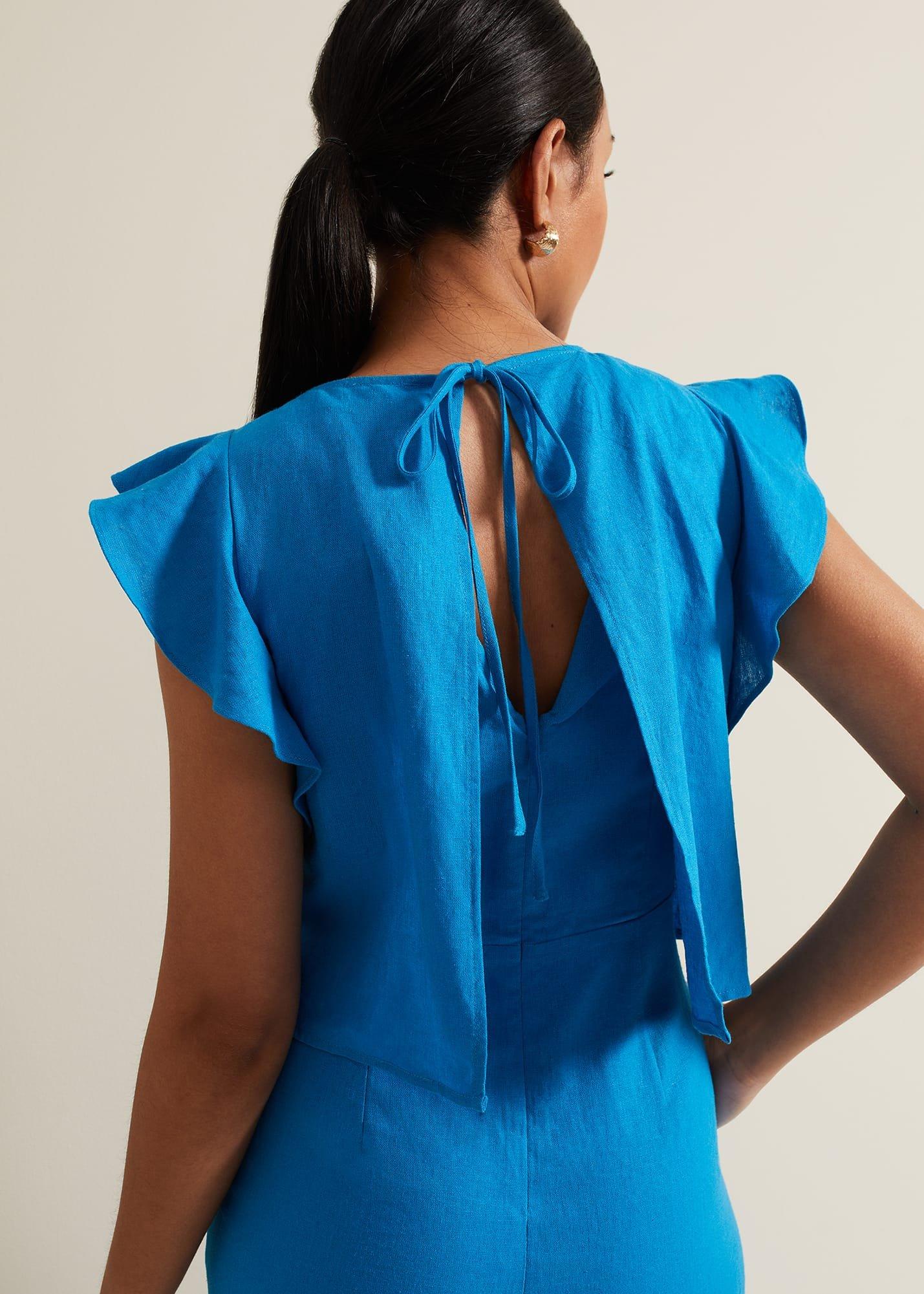 Petite Aubrey Blue Linen Frill Jumpsuit