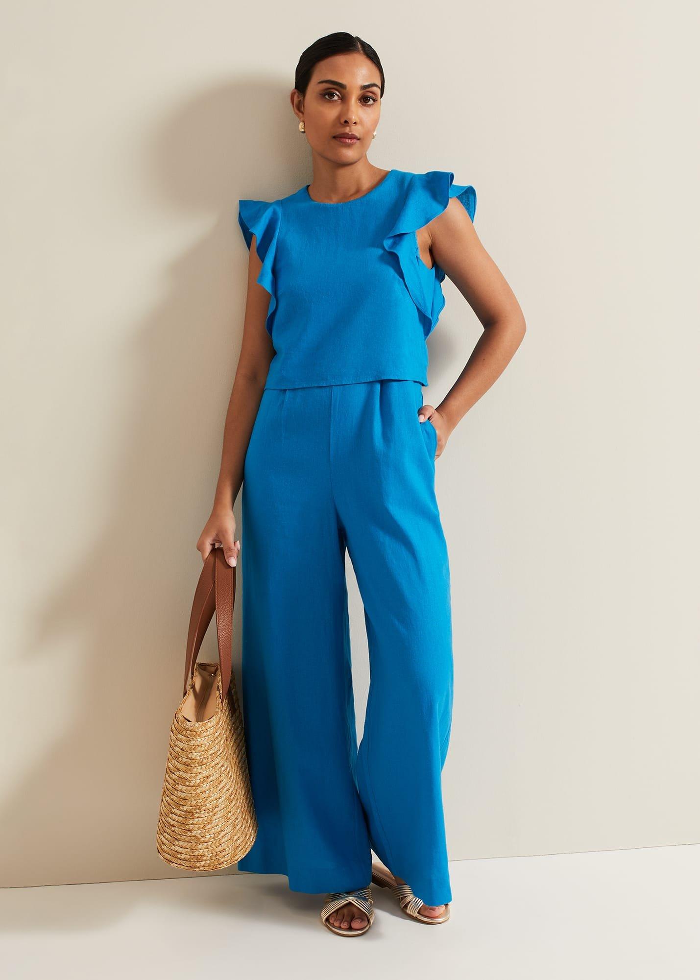 Petite Aubrey Blue Linen Frill Jumpsuit