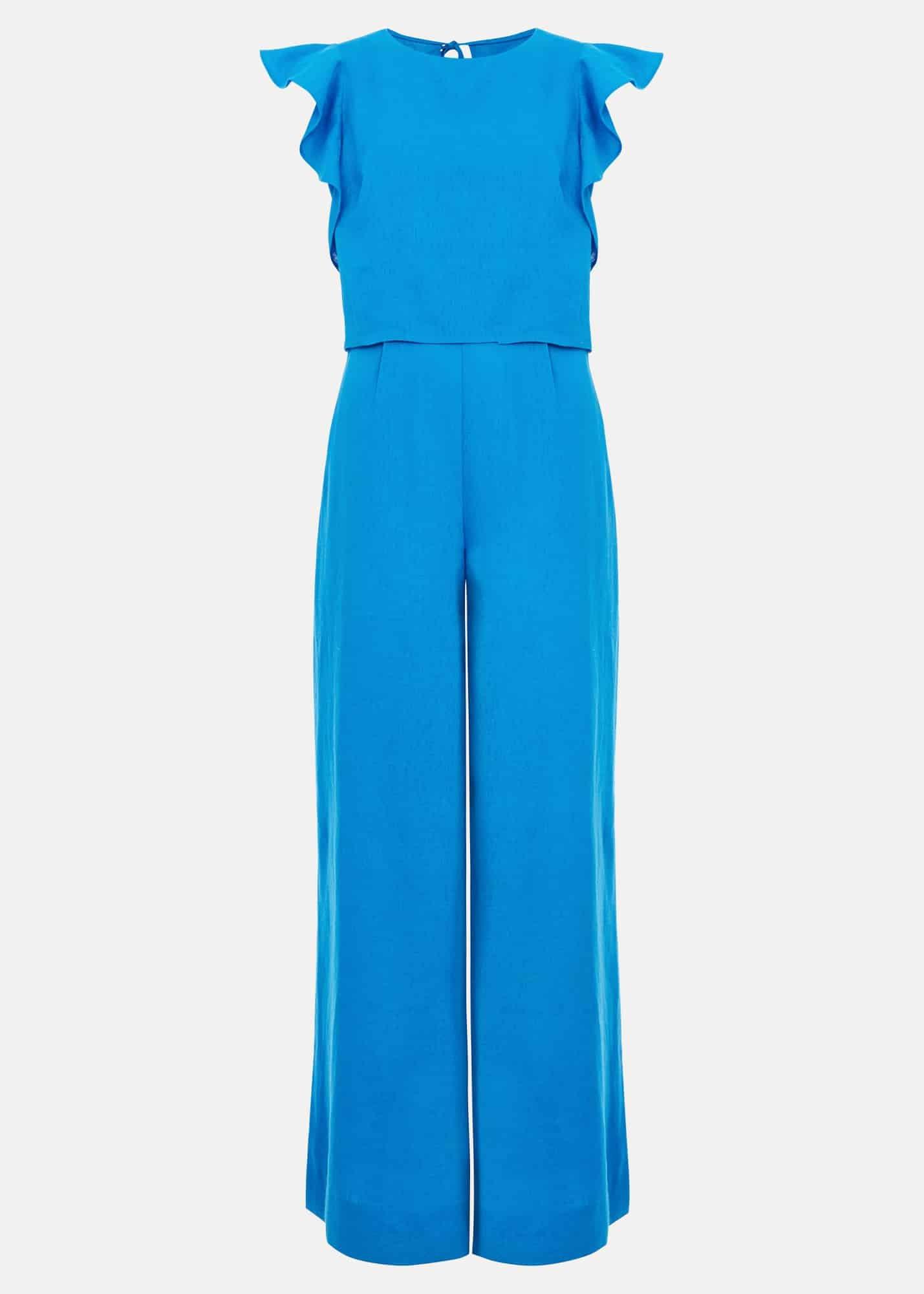 Petite Aubrey Blue Linen Frill Jumpsuit