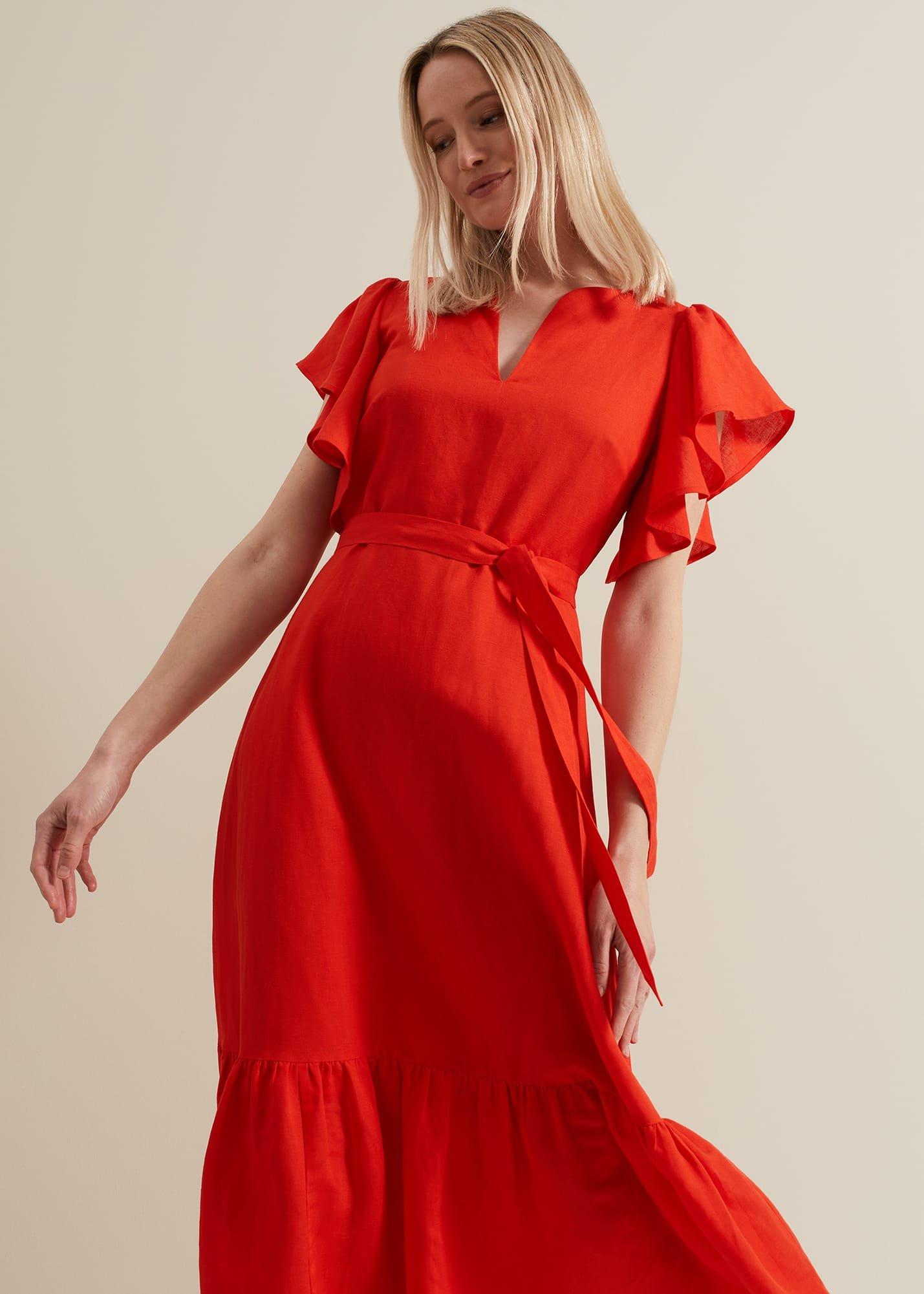 Morgan Red Linen Midi Dress