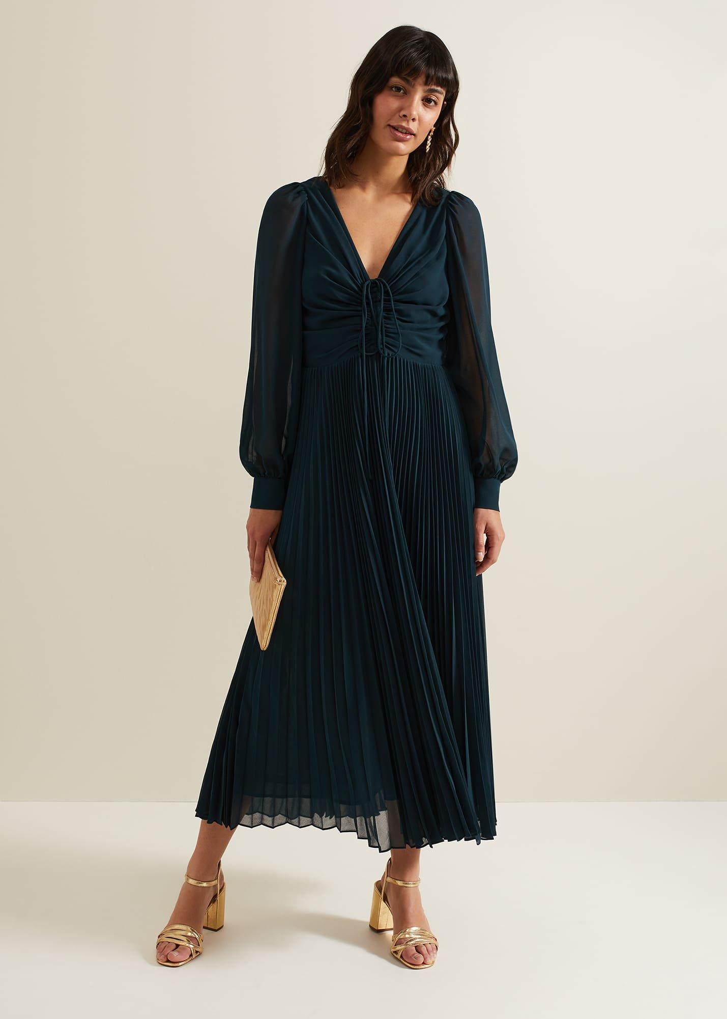 Kindra Teal Chiffon Pleated Midi Dress