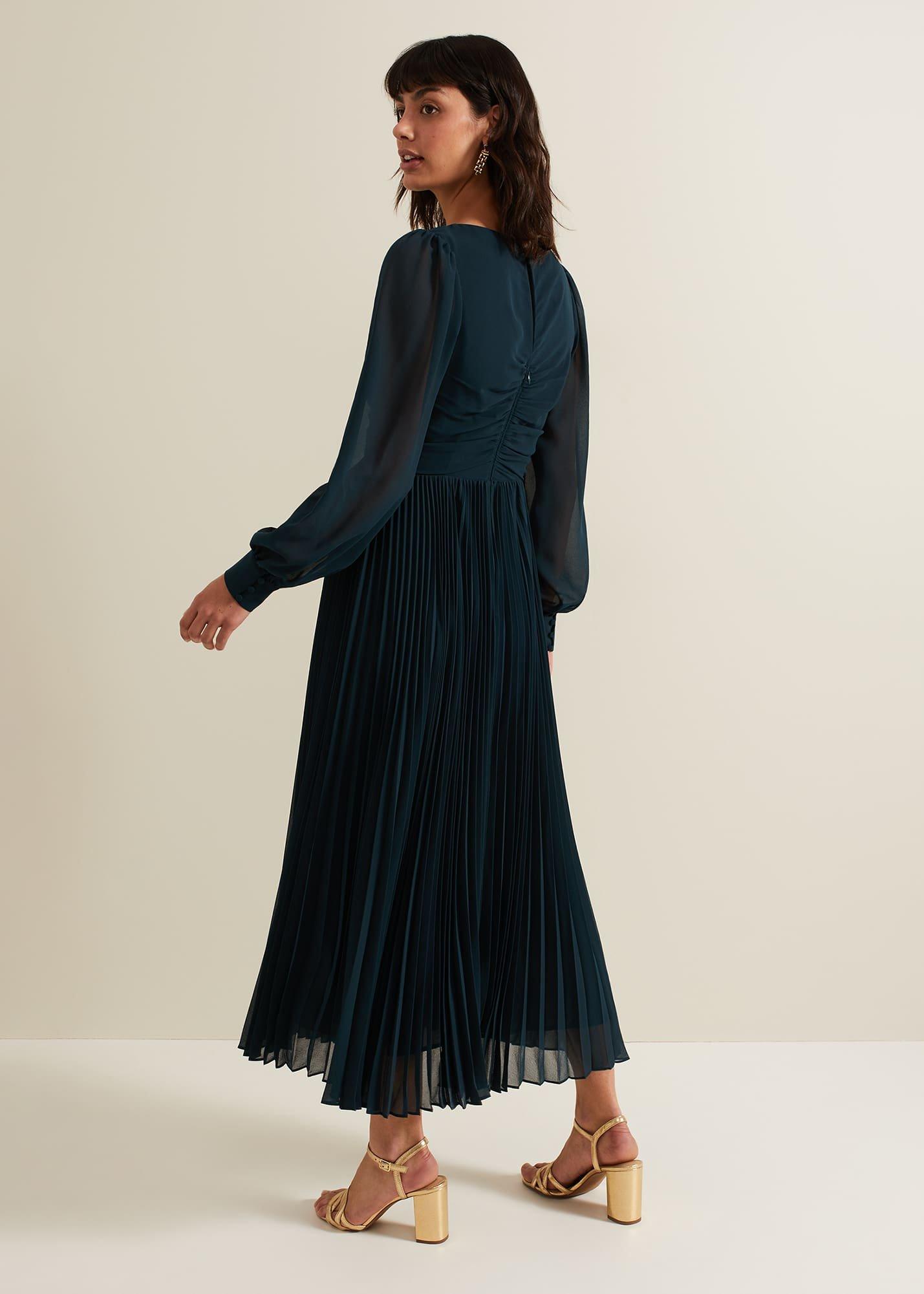 Kindra Teal Chiffon Pleated Midi Dress