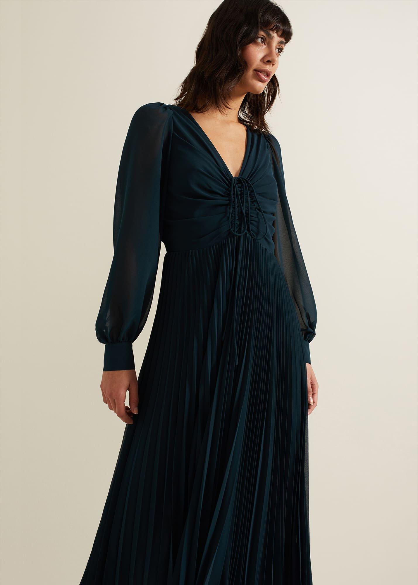 Kindra Teal Chiffon Pleated Midi Dress