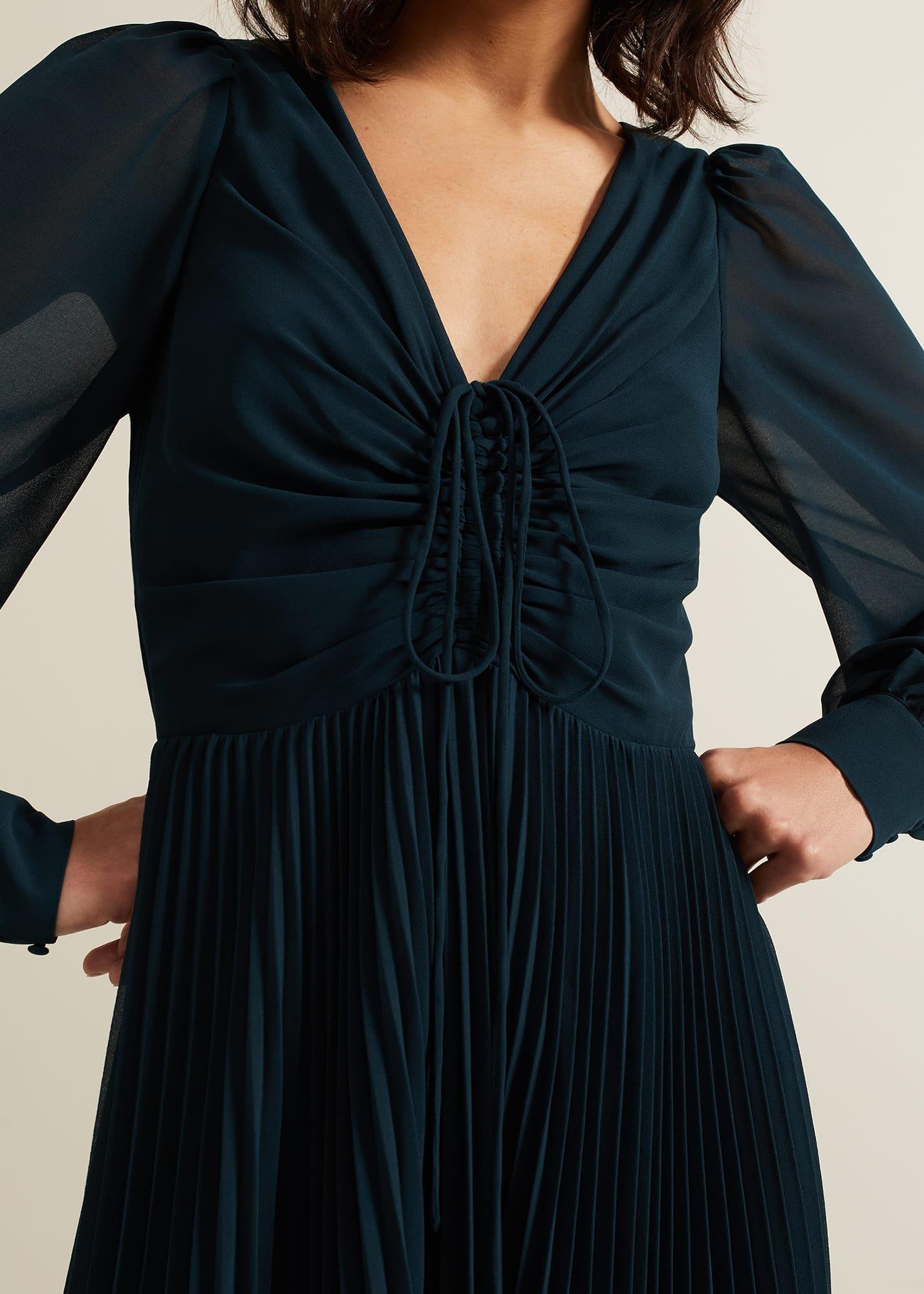 Kindra Teal Chiffon Pleated Midi Dress