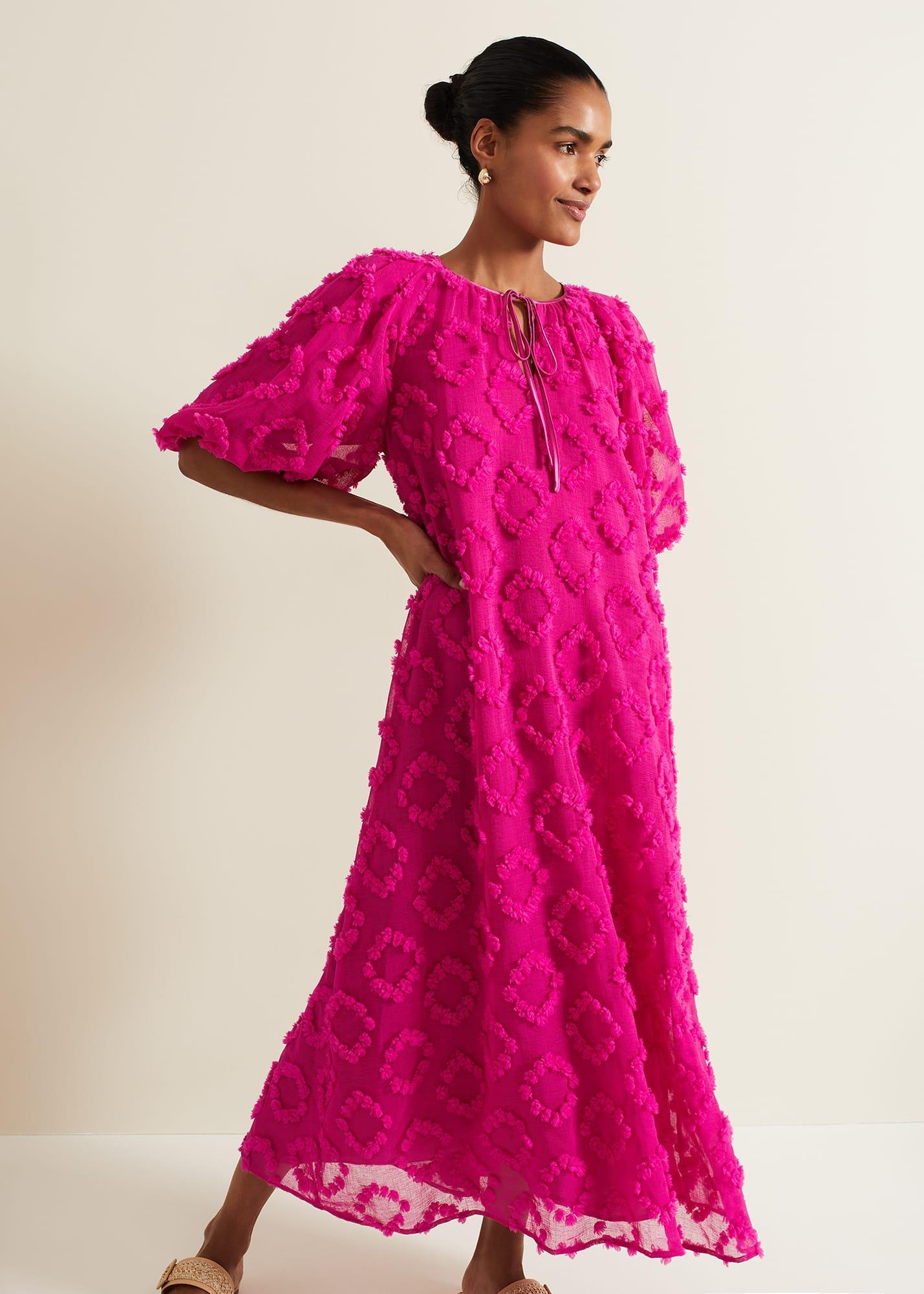Bella Pink Textured Midi Dresss